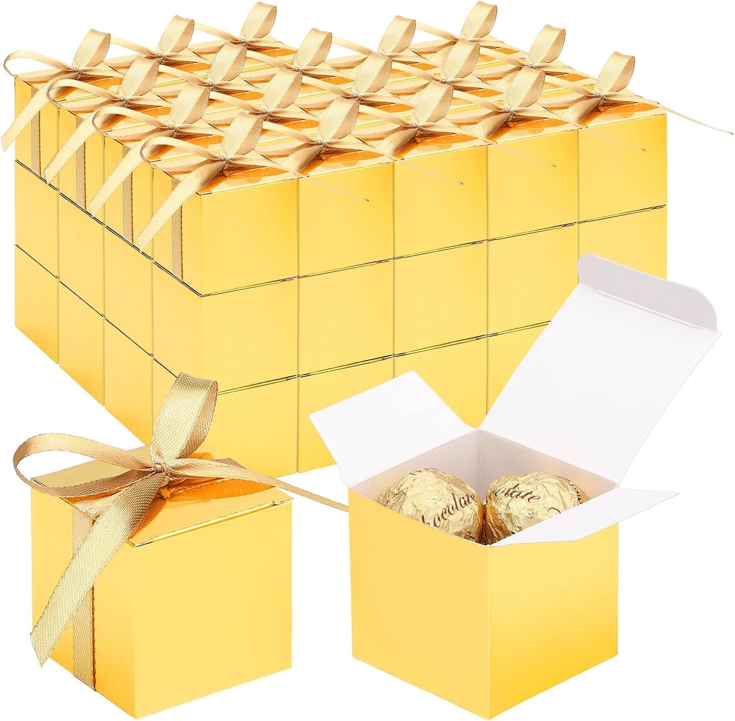 EUSOAR Small Gift Boxes with Lids, 60pcs 2x2x2 Inches Gold Candy Boxes Party Favor Box with Ribbons, Cube Chocolate Box Mini Muffins Bags Macaron Container for Wedding Party Advent Calendar DIY