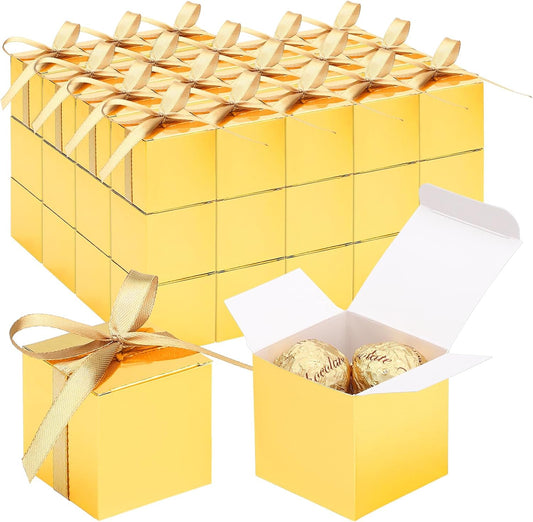 EUSOAR Small Gift Boxes with Lids, 60pcs 2x2x2 Inches Gold Candy Boxes Party Favor Box with Ribbons, Cube Chocolate Box Mini Muffins Bags Macaron Container for Wedding Party Advent Calendar DIY