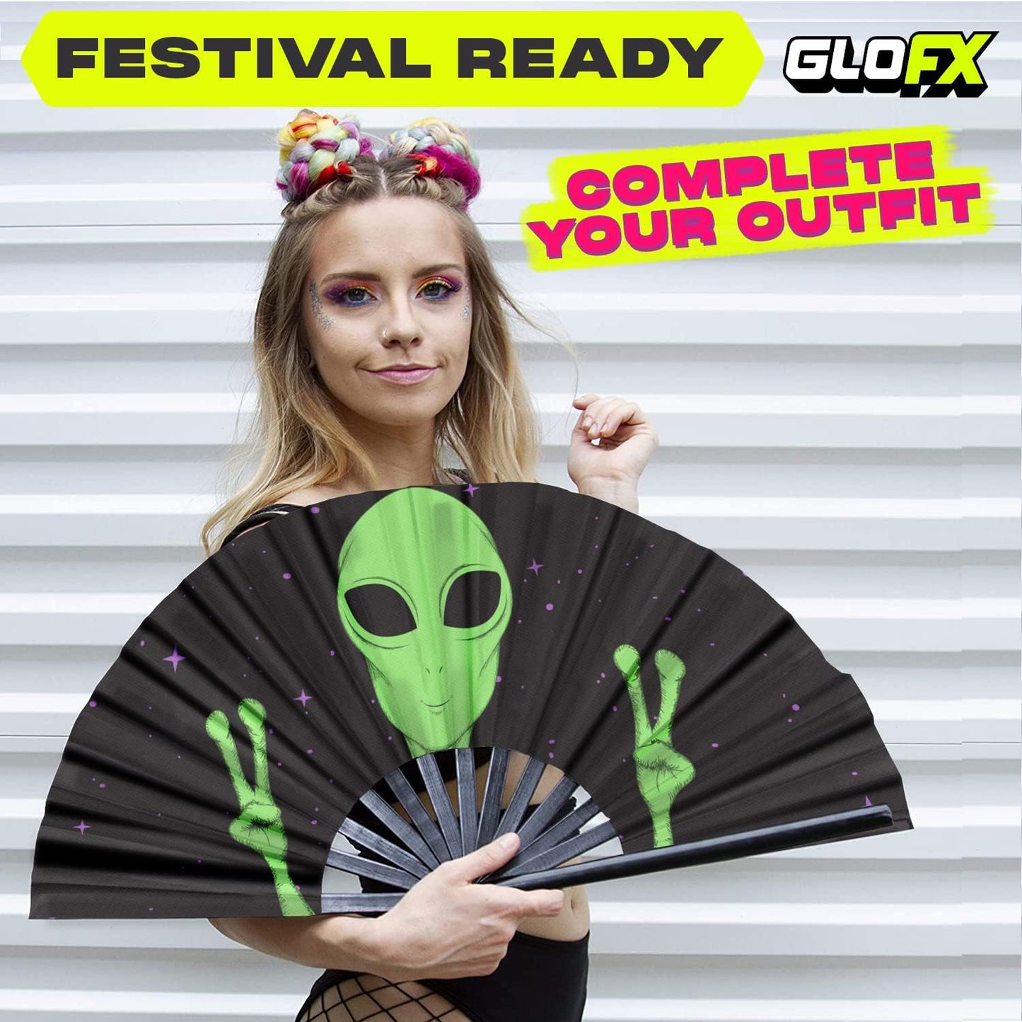 GloFX Folding Fan - Alien - Large Rave Clack Folding Hand Fan for Men/Women - for EDM, Music Festival, Club, Event, Party, Dance, Performance, Decoration, Gift
