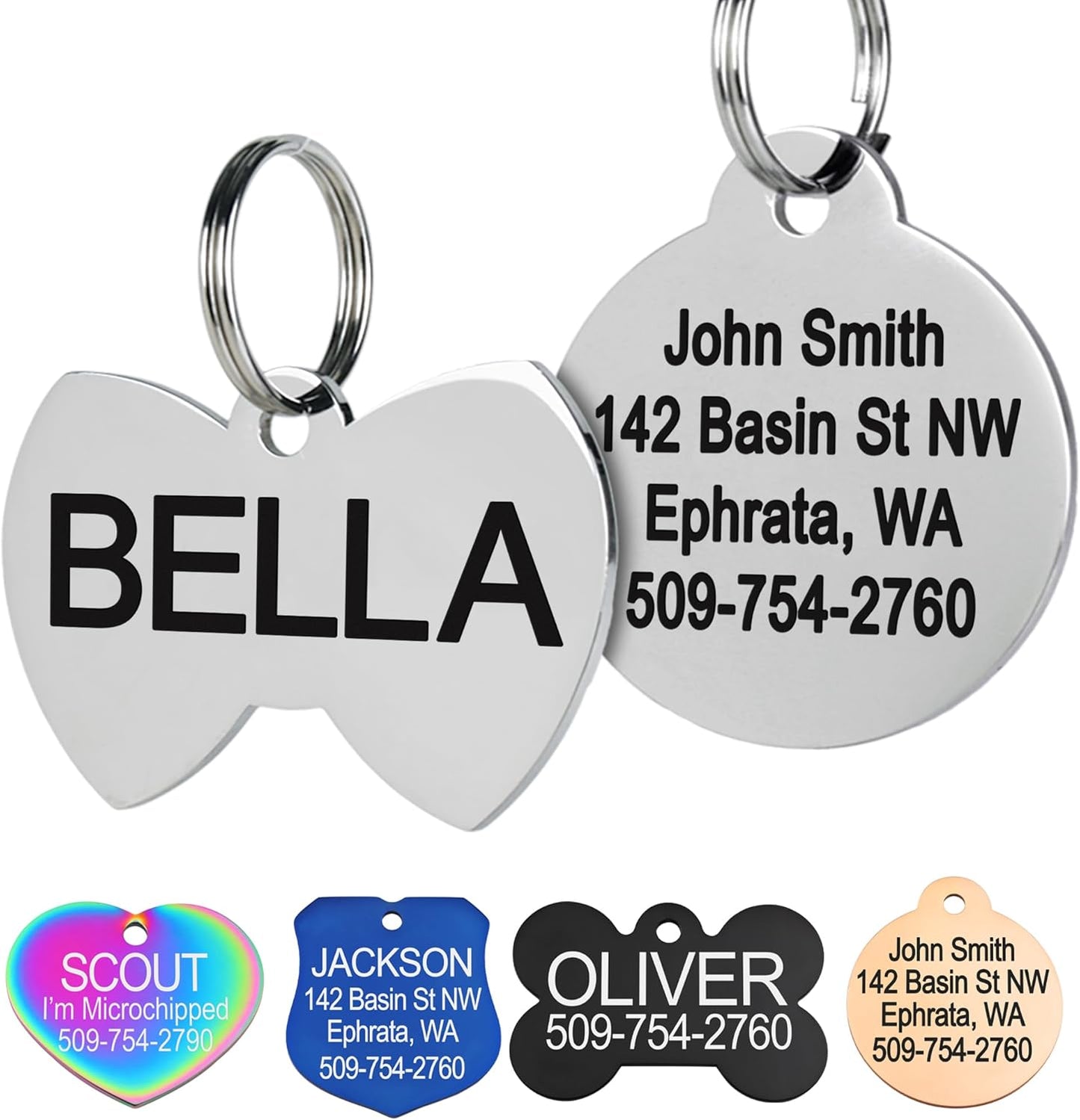 GoTags Stainless Steel Pet ID Tags, Personalized Dog Tags and Cat Tags, up to 8 Lines of Custom Text, Engraved on Both Sides, in Bone, Round, Heart, Bowtie and More (Bow Tie, Regular (Pack of 1))