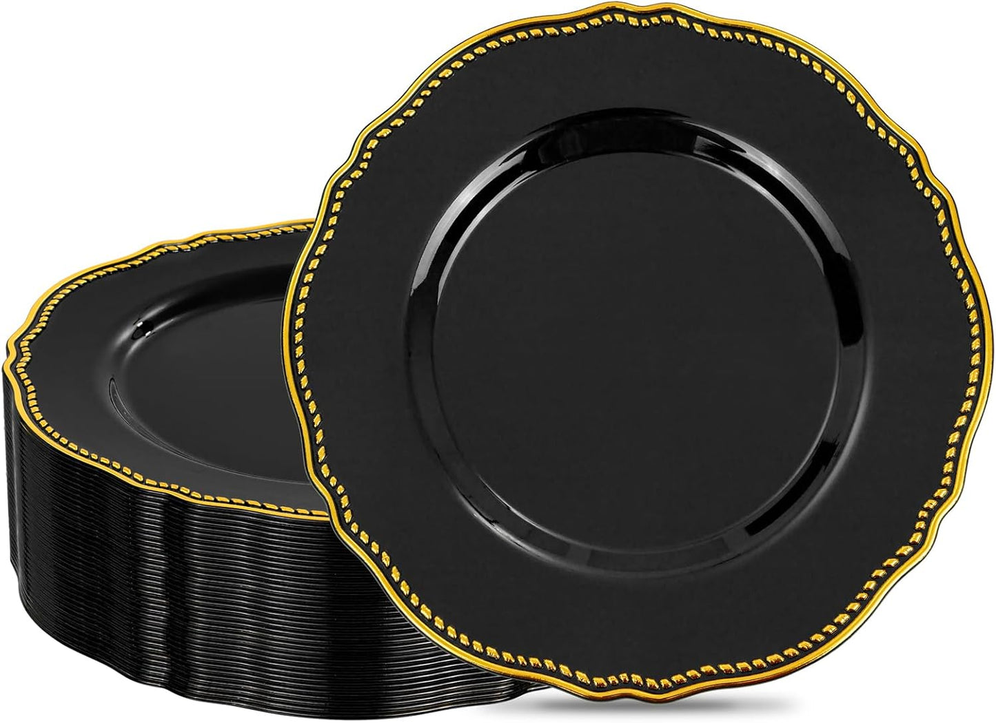 Hioasis 60pcs Balck Plastic Plates - Black and Gold Disposable Dinnerware with Gold Rim, Heavy-duty, 10.25 inch, Dinner Plates for Party & Wedding