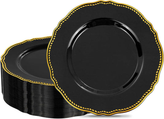 Hioasis 60pcs Balck Plastic Plates - Black and Gold Disposable Dinnerware with Gold Rim, Heavy-duty, 10.25 inch, Dinner Plates for Party & Wedding