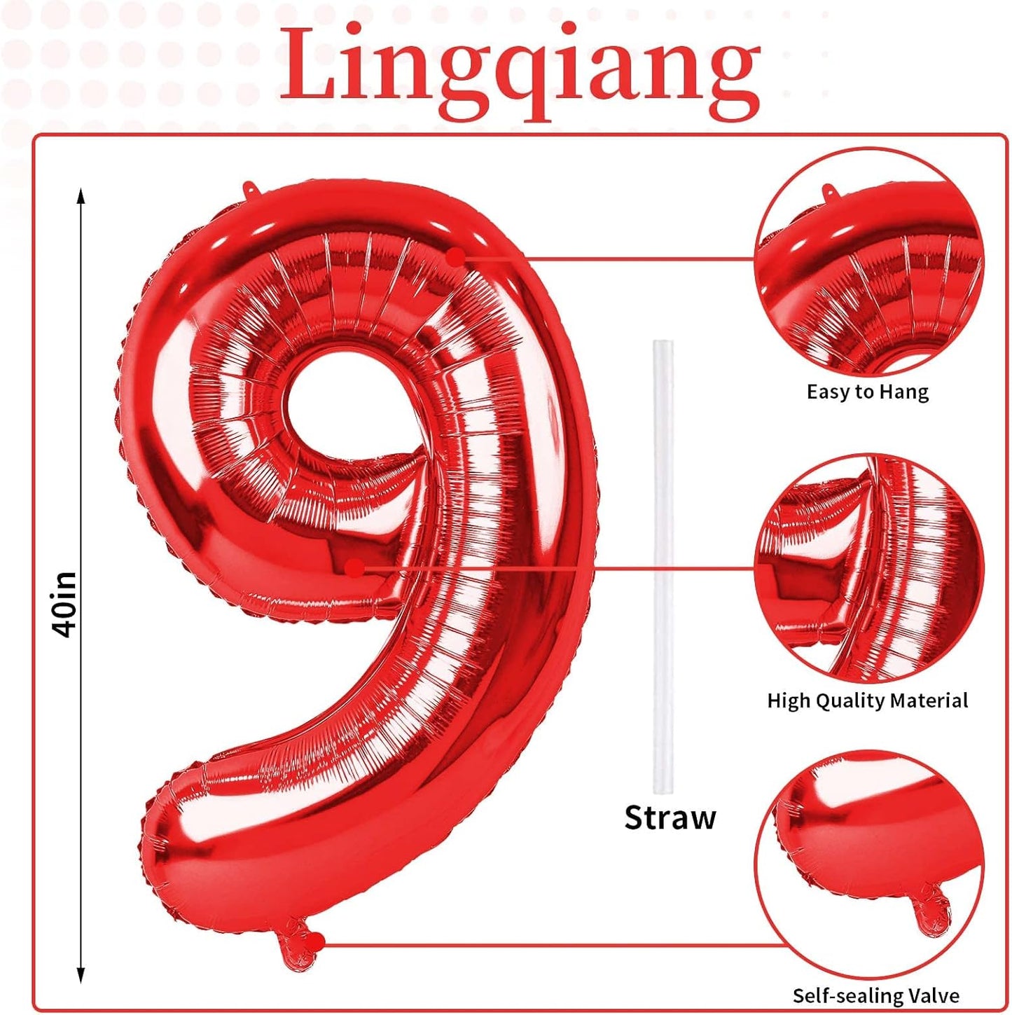 Red 9 Balloons for Boys, 40 Inch Large Foil Number Balloons Set 0-9, Self Inflating Digital 9 Helium Balloon for Girls Women Men Age Birthday Anniversary Party Decorations Photo Shoot Supplies