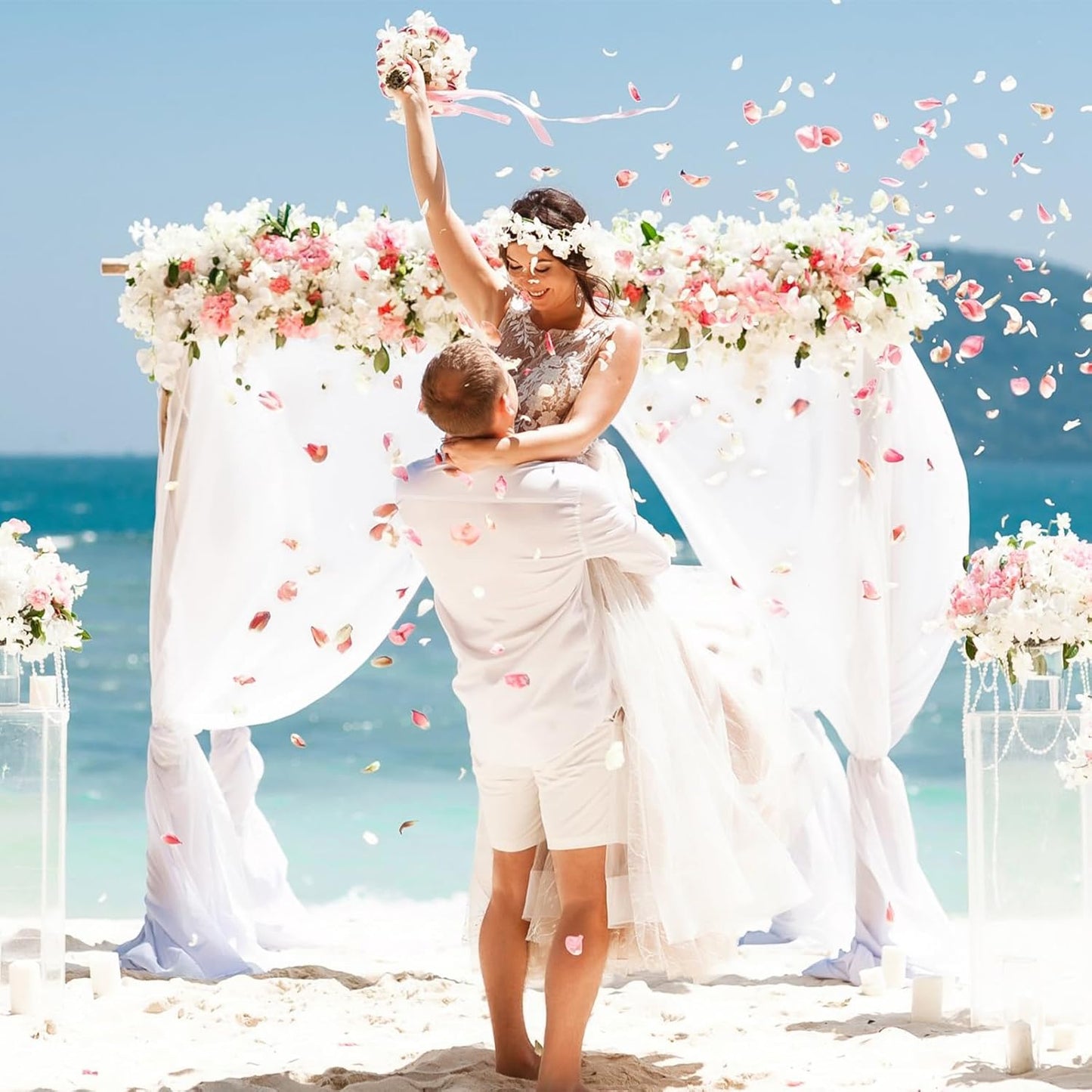 VOK White Wedding Arch Draping Fabric Chiffon Fabric, 29in x 18Ft 2 Panels Sheer Chiffon Outdoor Curtain for Wedding Ceremony Birthday Party Decoration (White,2 Panel)