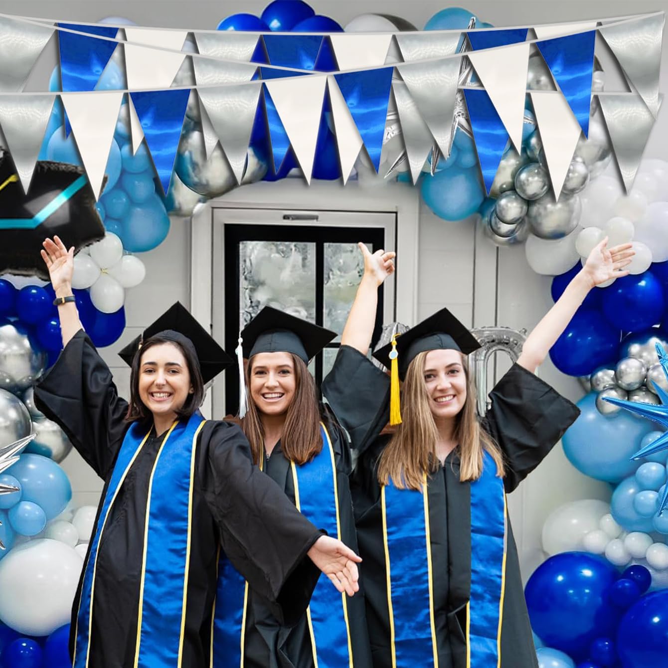 65FT Navy Blue White Silver Triangle Pennant Banner Flag Metallic Fabric Bunting Garland for Christmas Graduation Birthday Wedding Bridal Shower Nautical Ahoy Achor Theme Party Decorations Supplies