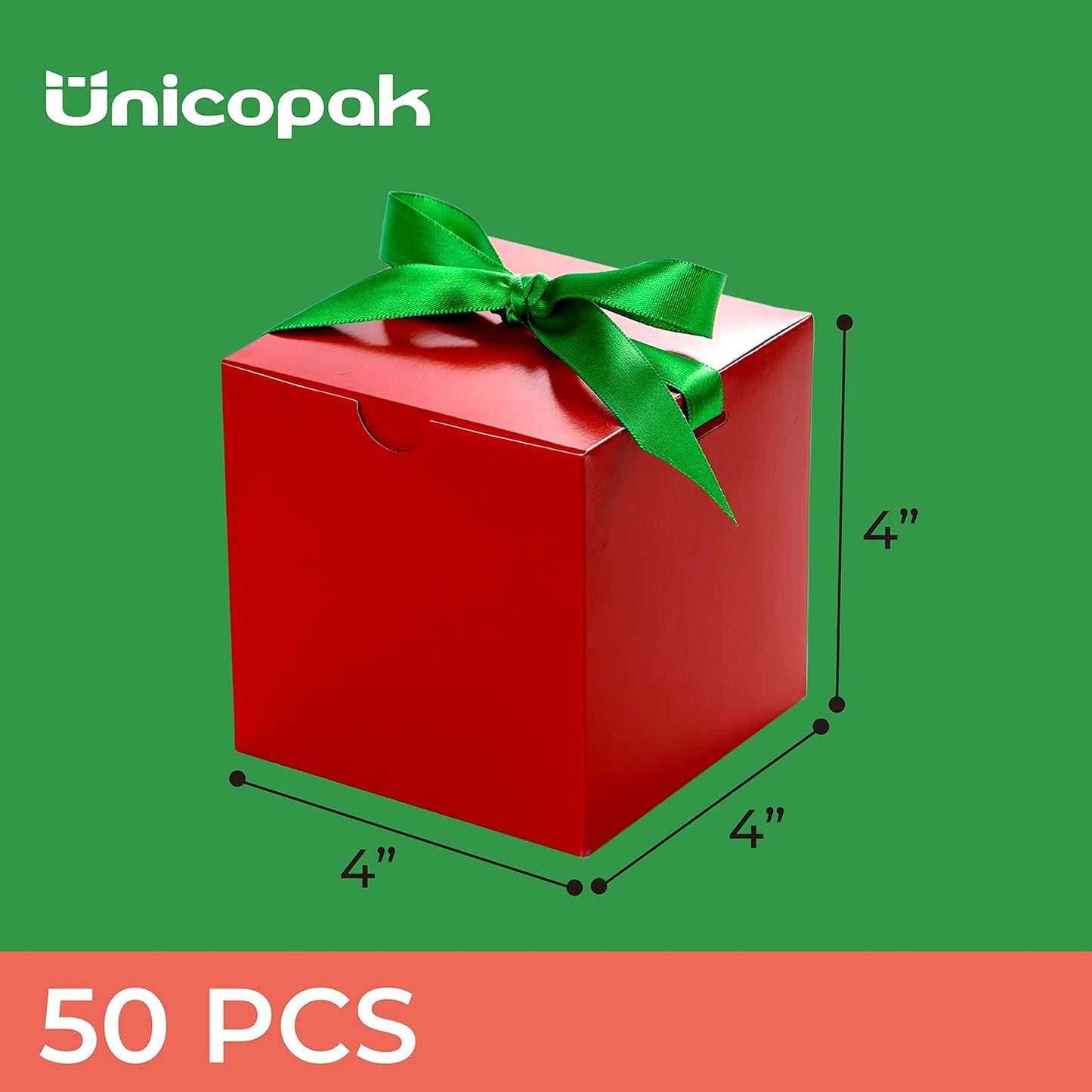 UnicoPak 50 Pack 4x4x4 Christmas Red Gift Boxes - Holiday Boxes With Lids for Presents, Ornaments, Candles, Mugs, Crafting - for Christmas Birthday, Party