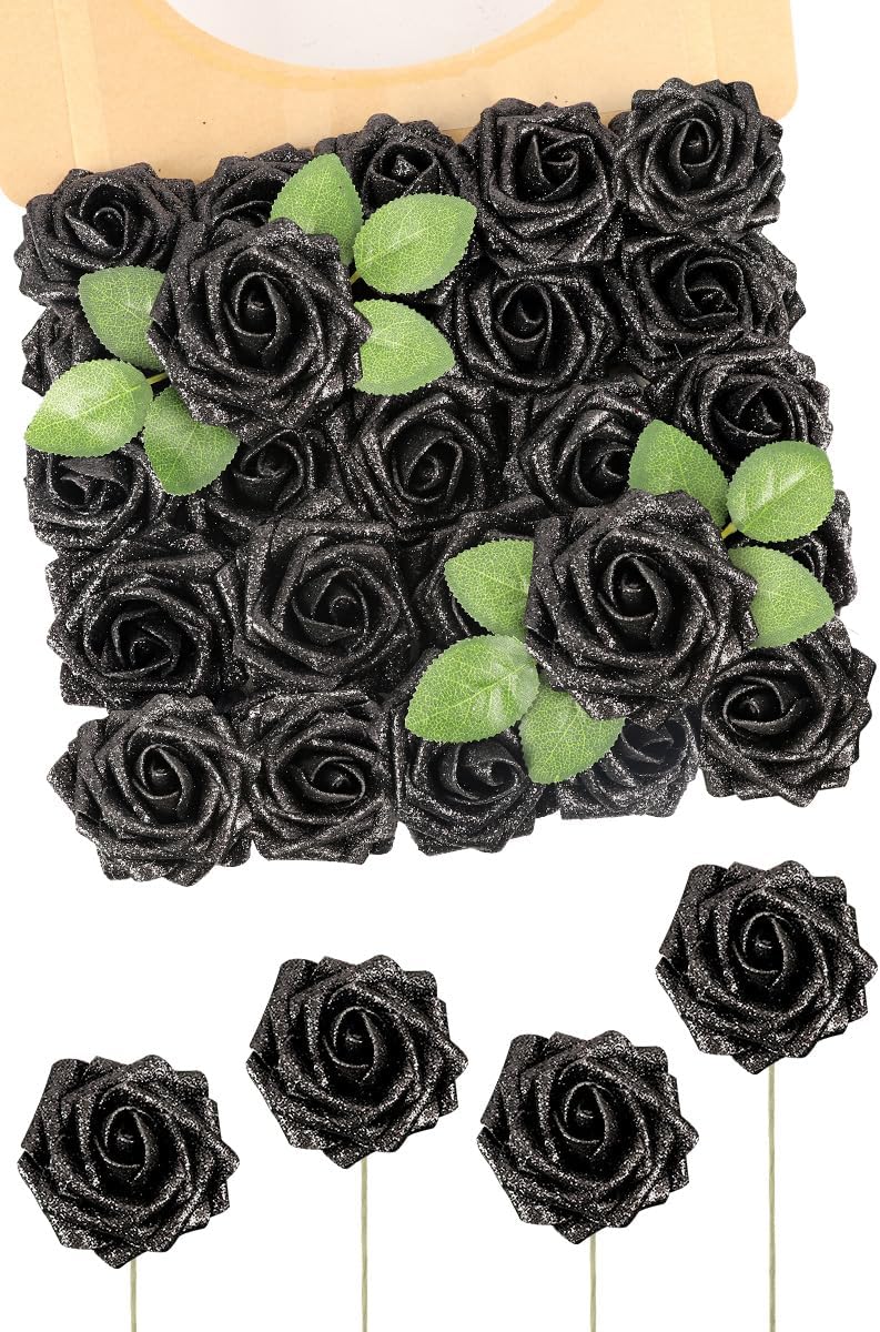 N&T NIETING Artificial Flowers Glowing Black Flowers Foam 50pcs Glitter Roses Real Looking Fake Roses with Stem for DIY Wedding Bouquets Centerpieces Bridal Shower Party Home Decorations