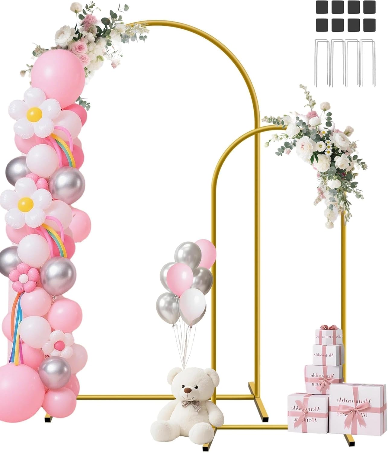 HEMMOTOP Metal Arch Backdrop Stand Set of 2 (7.2ft + 6ft), Wedding Arch Frame, Stable Background Stand with Square Base Ground Nails, for Birthday Party Baby Shower Garland Decoration, Gold