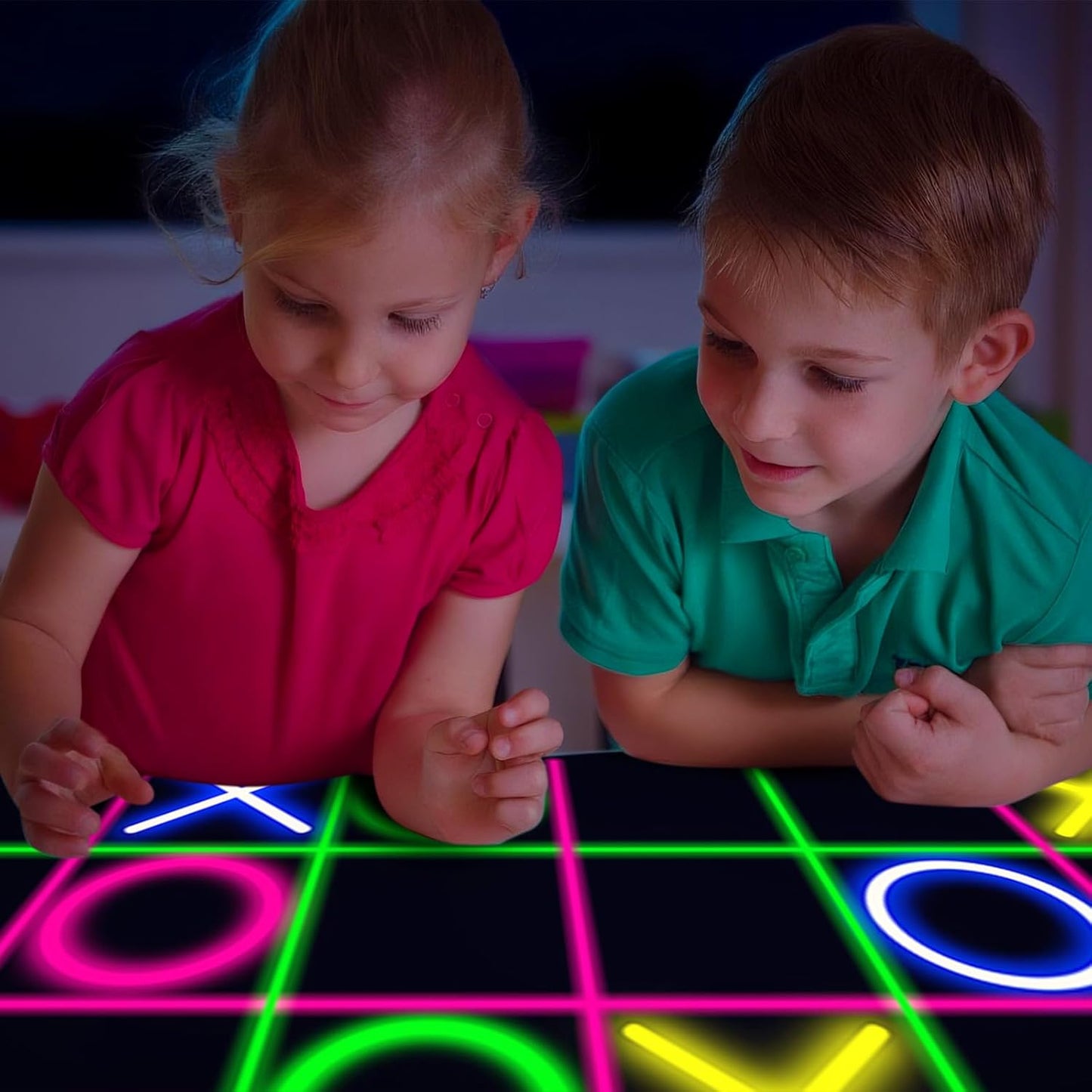 Haull 118 x 39 Inch Neon Light up Dance Floor Glow in The Dark Runner UV Reactive Blacklight Floor Aisle Runner Decor Wall Props for 80s 90s Neon Birthday Party Decorations(Tic Tac Toe)