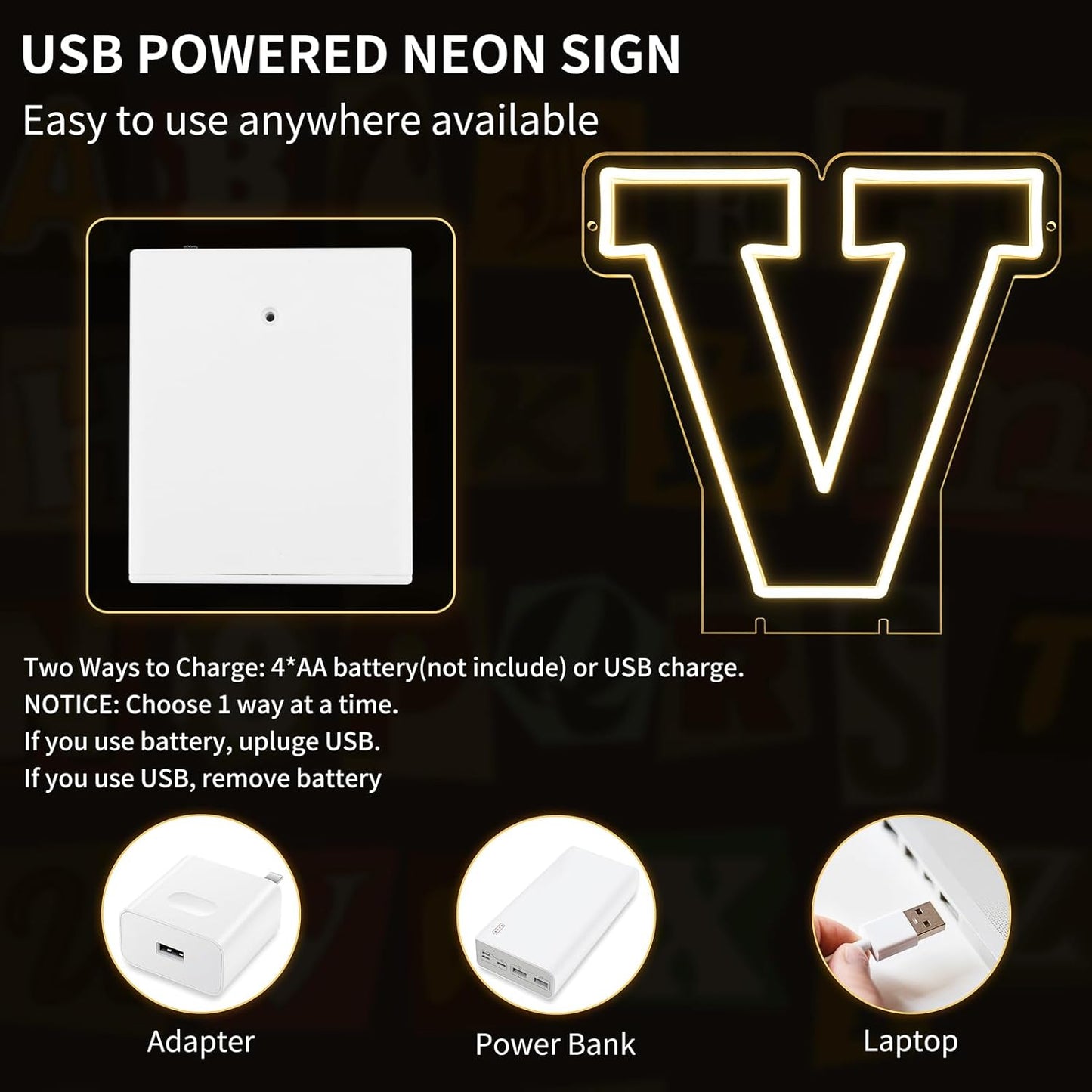 Light Up Letters V, Led Marquee Letter Lights Neon Sign, 13.7" Height Decorative Lighted Alphabet Number, Battery/USB Powered Led Letters Lights for Wedding, Birthday, Party, Christmas or Home Decor