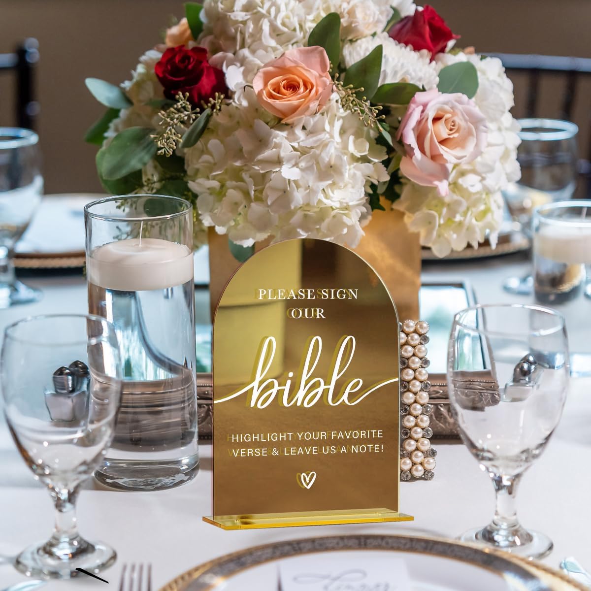 Acrylic Wedding Sign, Bridal Shower Decorations, Please Sign Our Bible Sign for Ceremony, Modern Font Table Signs, Gold Mirror Arched Acrylic Tabletop Signs for Wedding Reception and Event Party