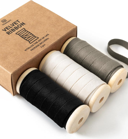 Vitalizart Velvet Ribbon Black White Set 3/8" x 15 Yd Wooden Spool Fabric Trim 3 Rolls * 5 Yd for Christmas Wreath Decoration Handmade Craft Ornaments Gift Wrapping & Bow Making