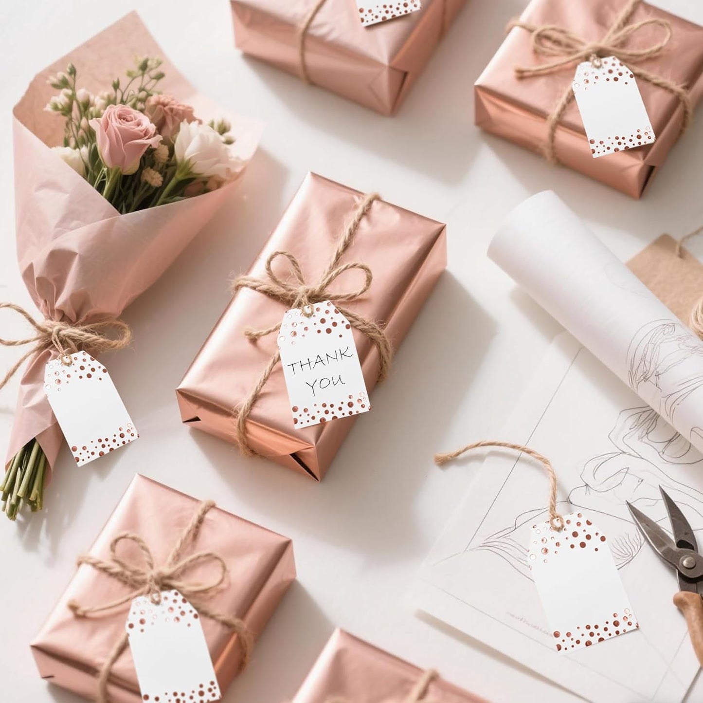 100Pcs Rose Gold Gift Tags with String Attached, ASYEHJNR Foil Rose Gold Dot Large Gift Bag Tags Presents with 65 FT Jute Twine, White Paper Gift Tags for Baby Shower, Wedding, Birthday Gift Wrap Tags