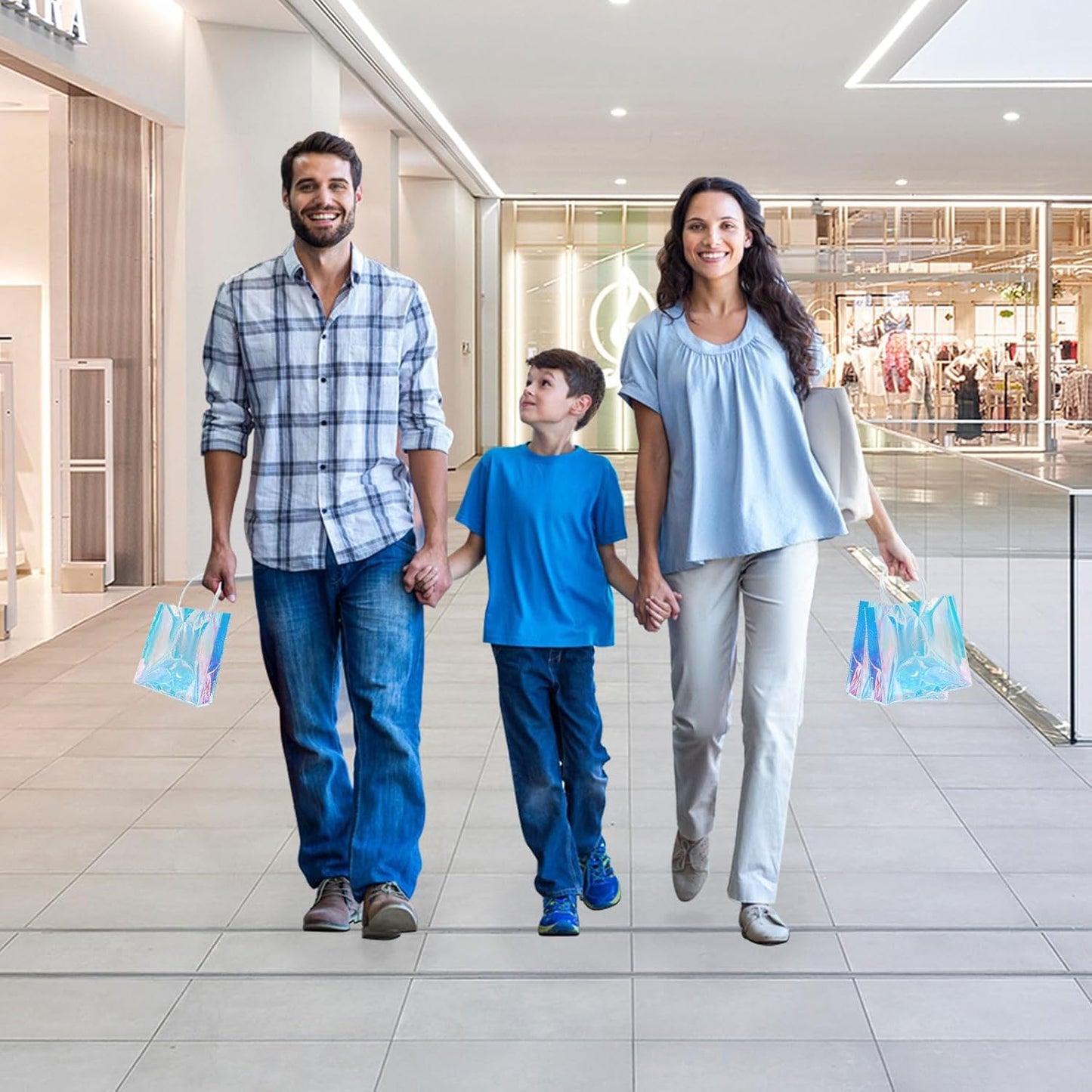 Vankcp 16 PCS Mini Party Favor Bags, 5.9×6.3inch Clear PVC Gift Bags with Handles, Iridescent Clear Bags, Holographic Gifts Bag for Birthday Weddings Party Favors Gifts