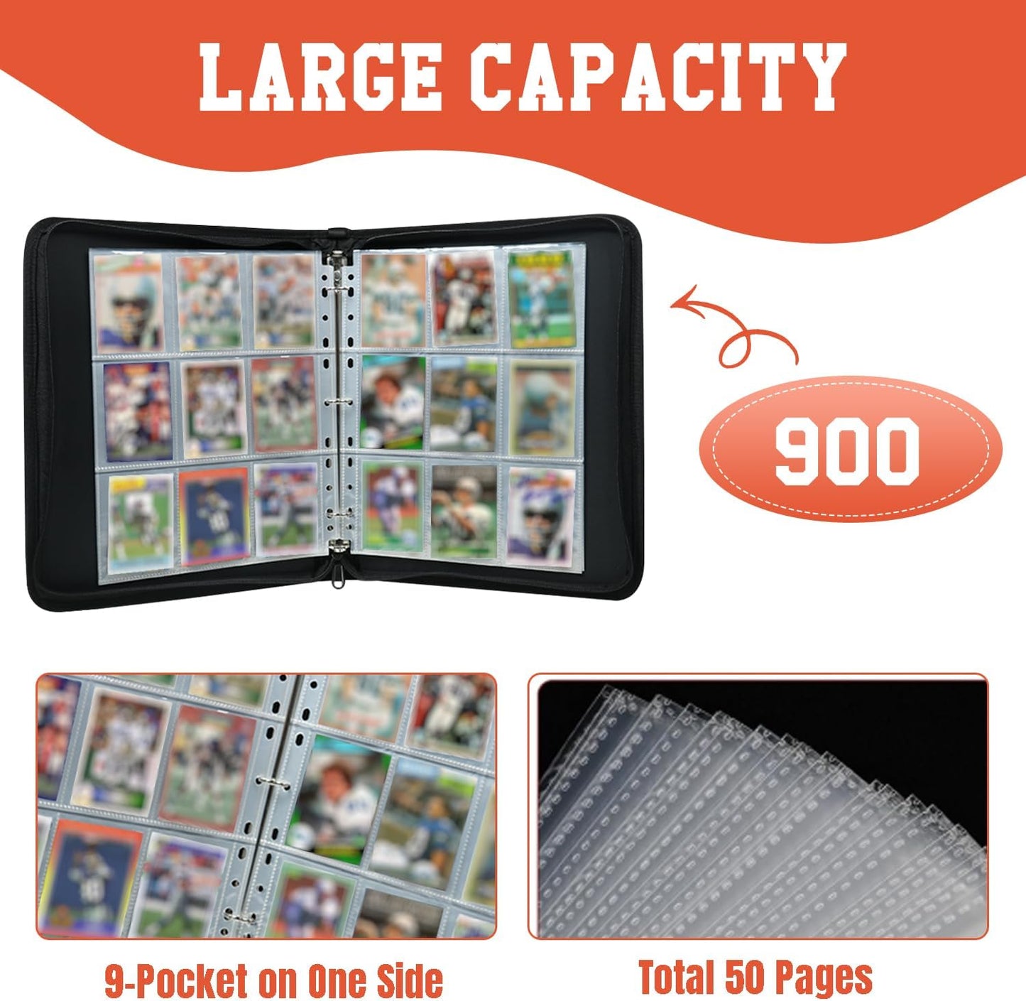 Trading Card Binder 9 Pocket - Football Card Binder with Sleeves 900 Double Sided Pockets Sports Trading Cards Album Cards Holder Protectors Set Fit for Game Cards, Sports Cards