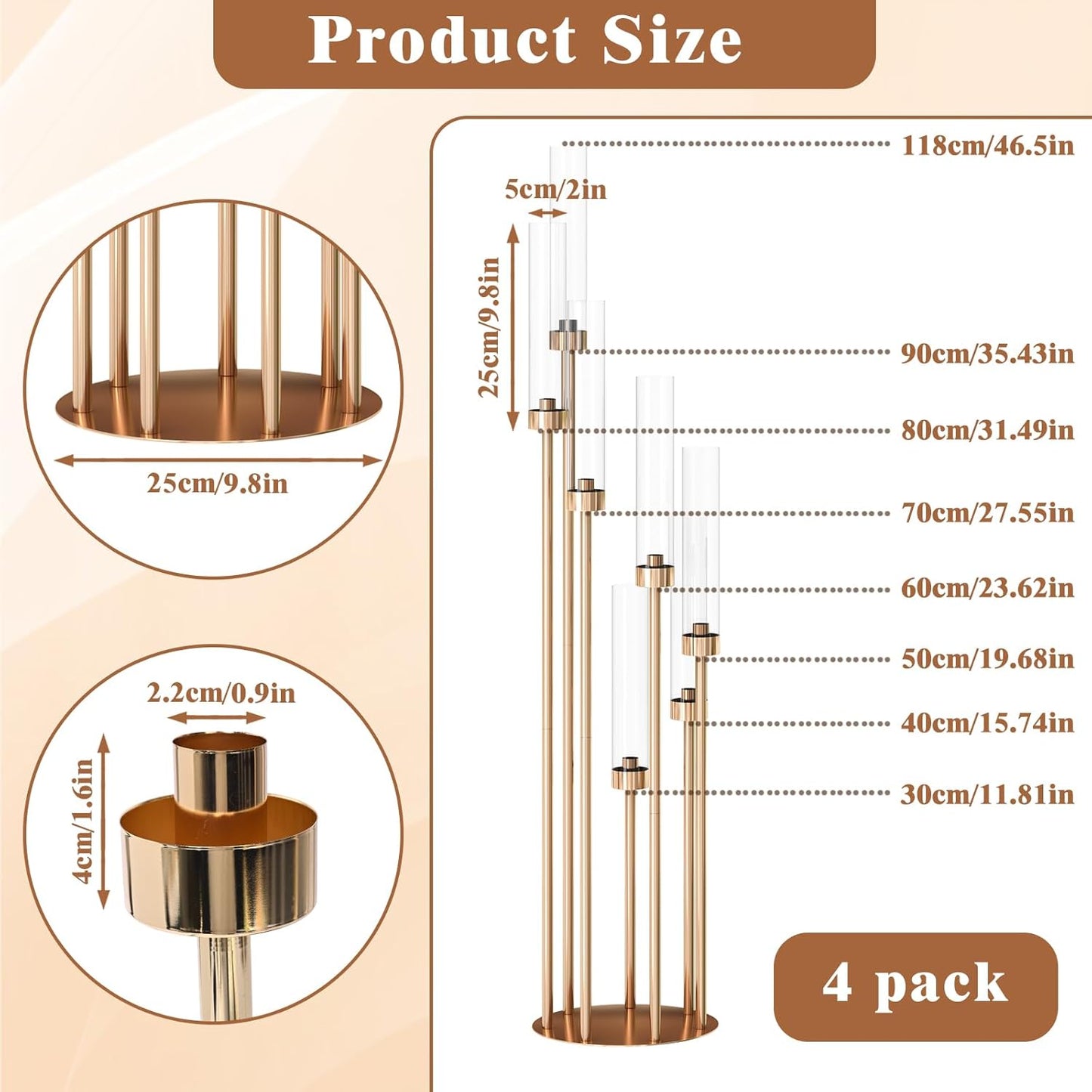 46.5'' Floor Candelabra 7 Arms Floor Candle Holders for Wedding Gold Candle Sticks Holder Decor Metal Candlestick Set with Acrylic Lampshades for Home Party (7 arm Round 46.5in)