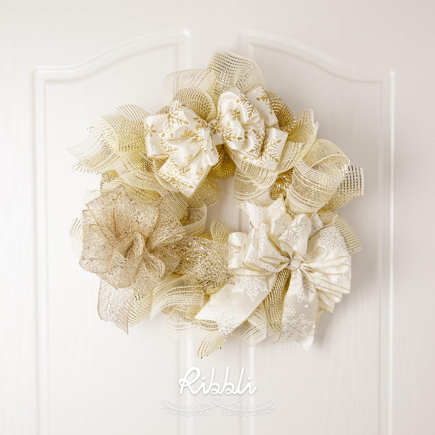 Ribbli 2 Rolls Champagne Gold Metallic Mesh Ribbon Champagne Gold Deluxe Foil Christmas Ribbon for Christmas Tree Wreath Swags Wedding Garland 10 inch x 30 feet(10Yard) Per Roll