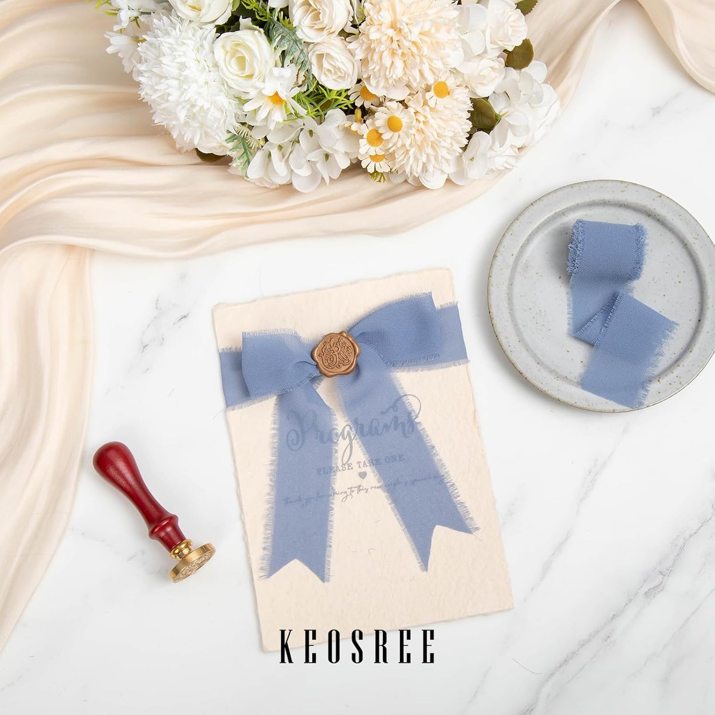 Baby Blue Dusty Blue Handmade Chiffon Ribbon,1.5" x 21Yd Frayed Silk Ribbons for Wreaths Bridal Flower Bouquet Christmas Gift Wrapping Wedding Decor Invitations Decorations (7Yards X 3 Rolls)