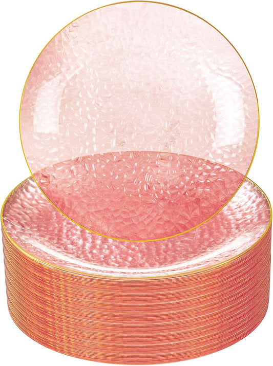 Rubtlamp 60 Pieces Pink Gold Plastic Plates - 10 inch Pink Plastic Dinner Plates - Hammer Pattern Design - Fancy Clear and Gold Disposable Plates Ideal for Mother's Day