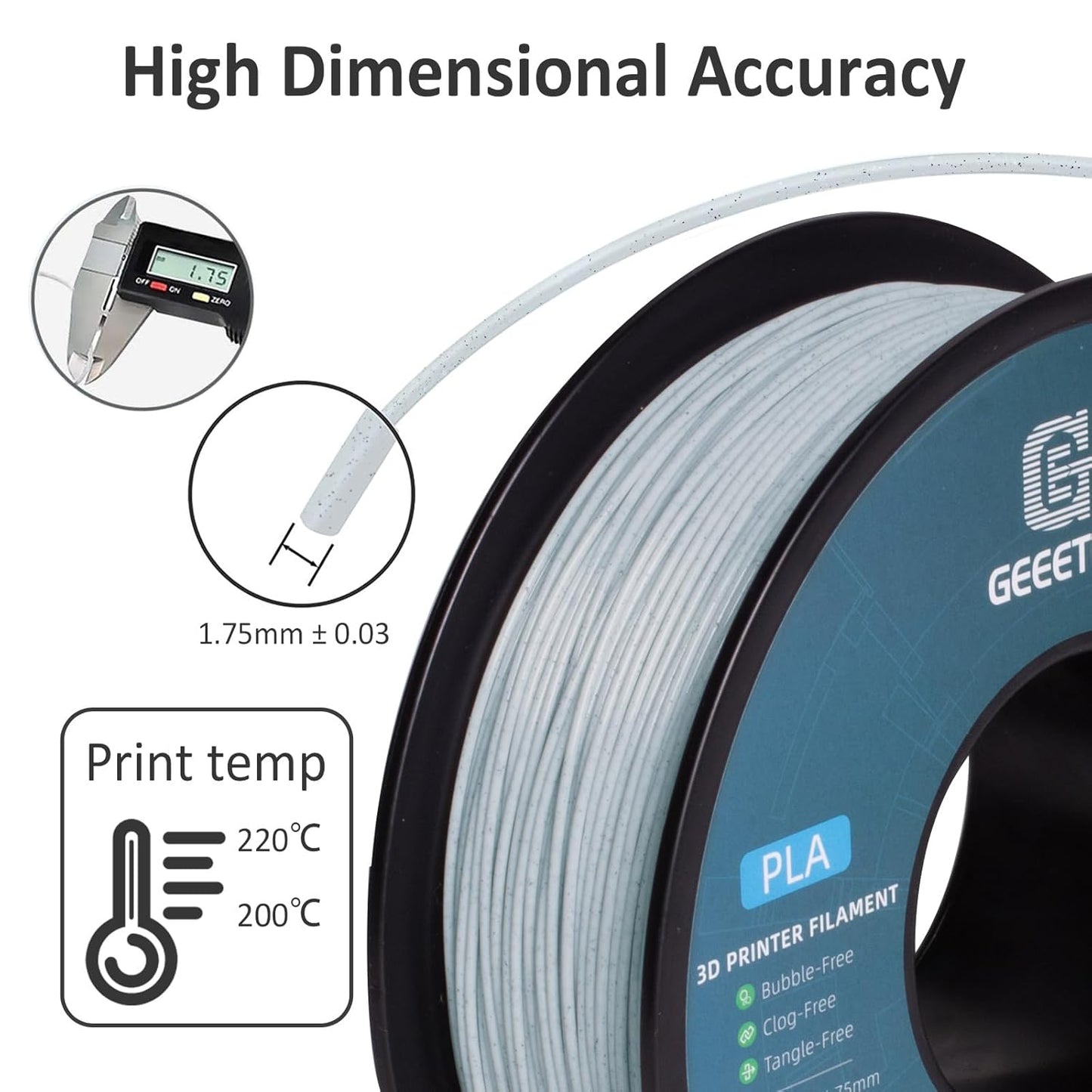Geeetech Marble PLA 3D Printer Filament, Stone-Like Appearance, 1kg Spool (2.2lbs), 1.75mm Dimensional Accuracy +/- 0.02 mm, Marble White-Grey Color
