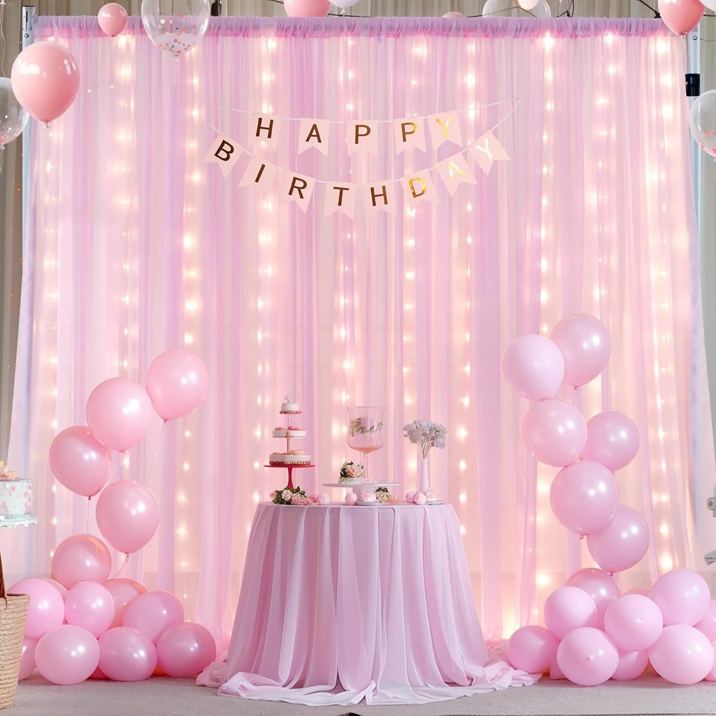 10x10ft Pink Chiffon Backdrop Curtain with Lights for Wedding Parties Baby Shower, Pink Sheer Backdrop Curtains for Girls Birthday Party Bridal Shower Photo Shoot Decor (5×10ft, 2 Panels)