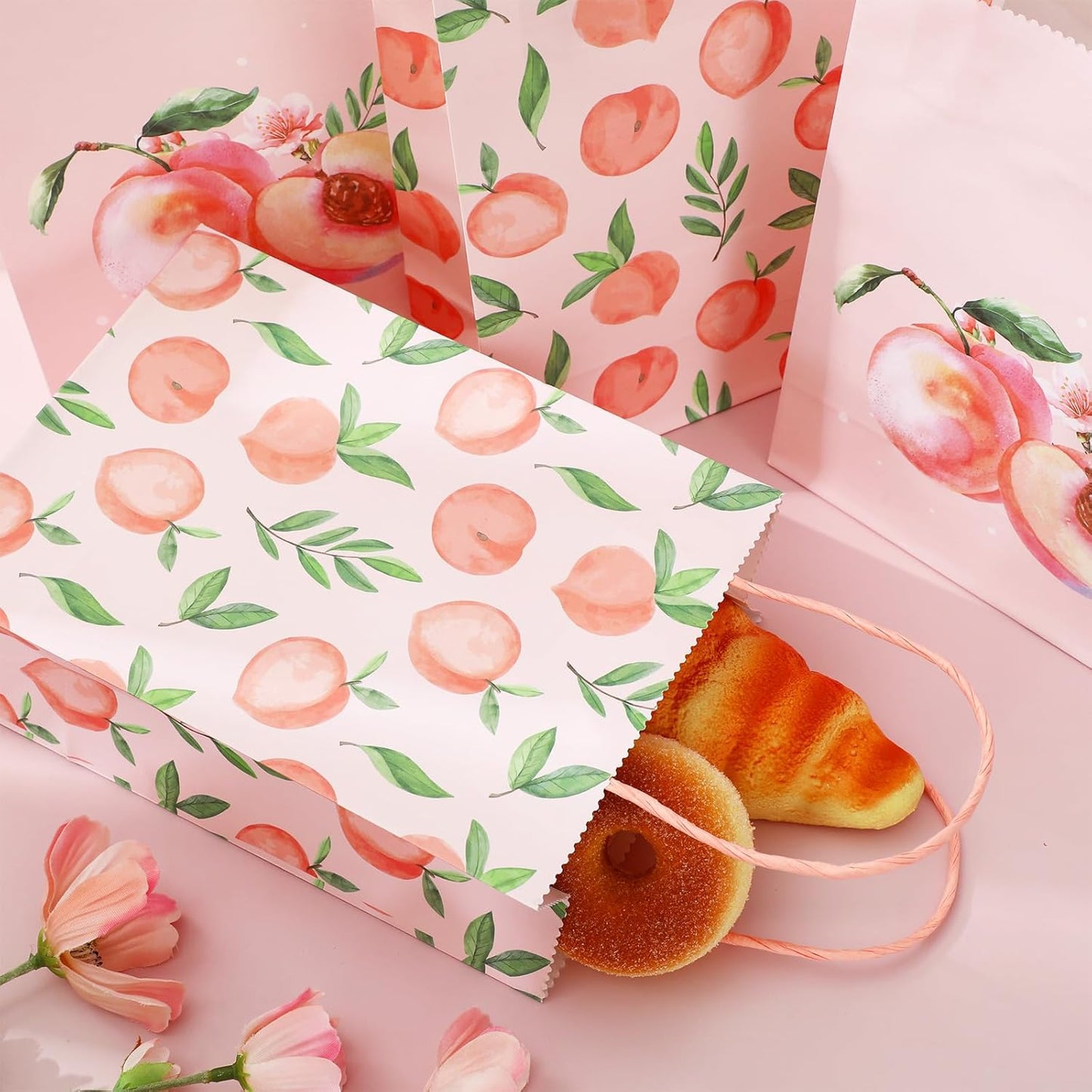JarThenaAMCS 24Pcs Peach Paper Gift Bag Pink Treat Bags with Handles Candy Goodie Bags for Spring Summer Wedding Birthday Bridal Baby Shower Party Favors Supplies