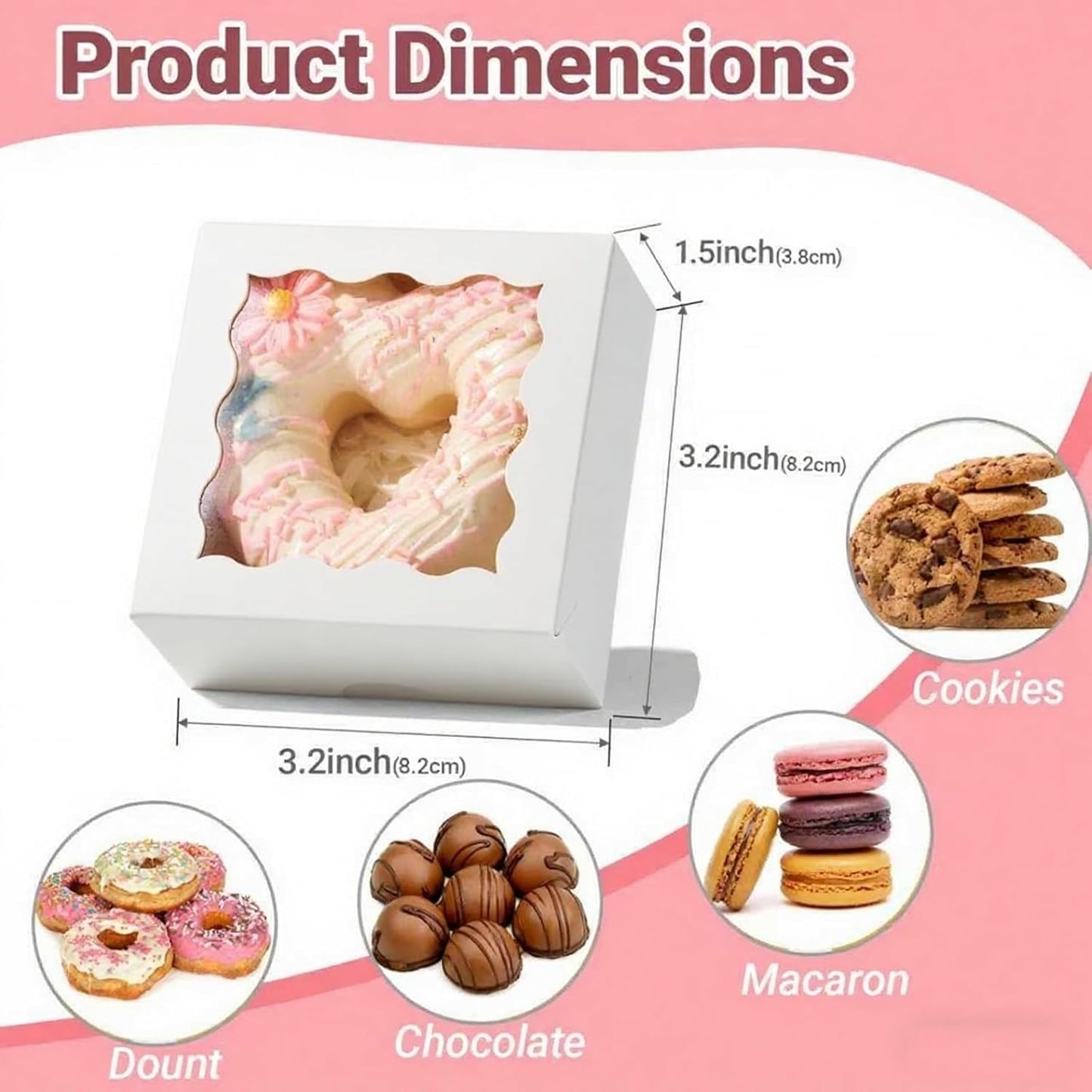 RomanticBaking 3 ¼" x 3 ¼" x 1 ½" 50PCS Chocolate Truffle Boxes for 4，Cookies Boxes Mini Bakery Boxes with Window for Brownie,Soap,Donut