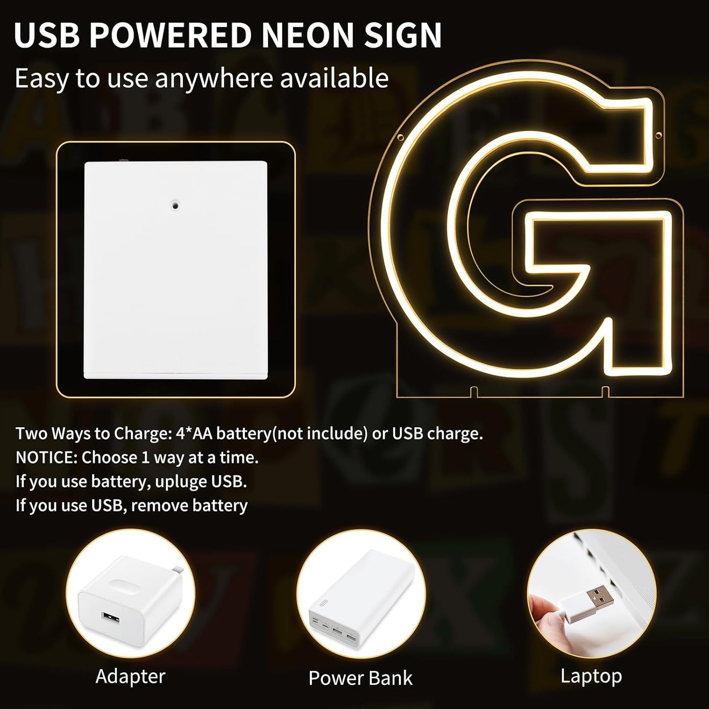 Light Up Letters G, Led Marquee Letter Lights Neon Sign, 13.9" Height Decorative Lighted Alphabet Number, Battery/USB Powered Led Letters Lights for Wedding, Birthday, Party, Christmas or Home Decor