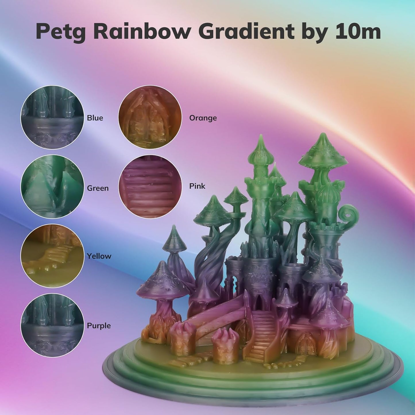 AMOLEN 3D Printer Filament, PETG Filament 1.75mm PETG Multicolor Rainbow -Pink Purple Yellow Green