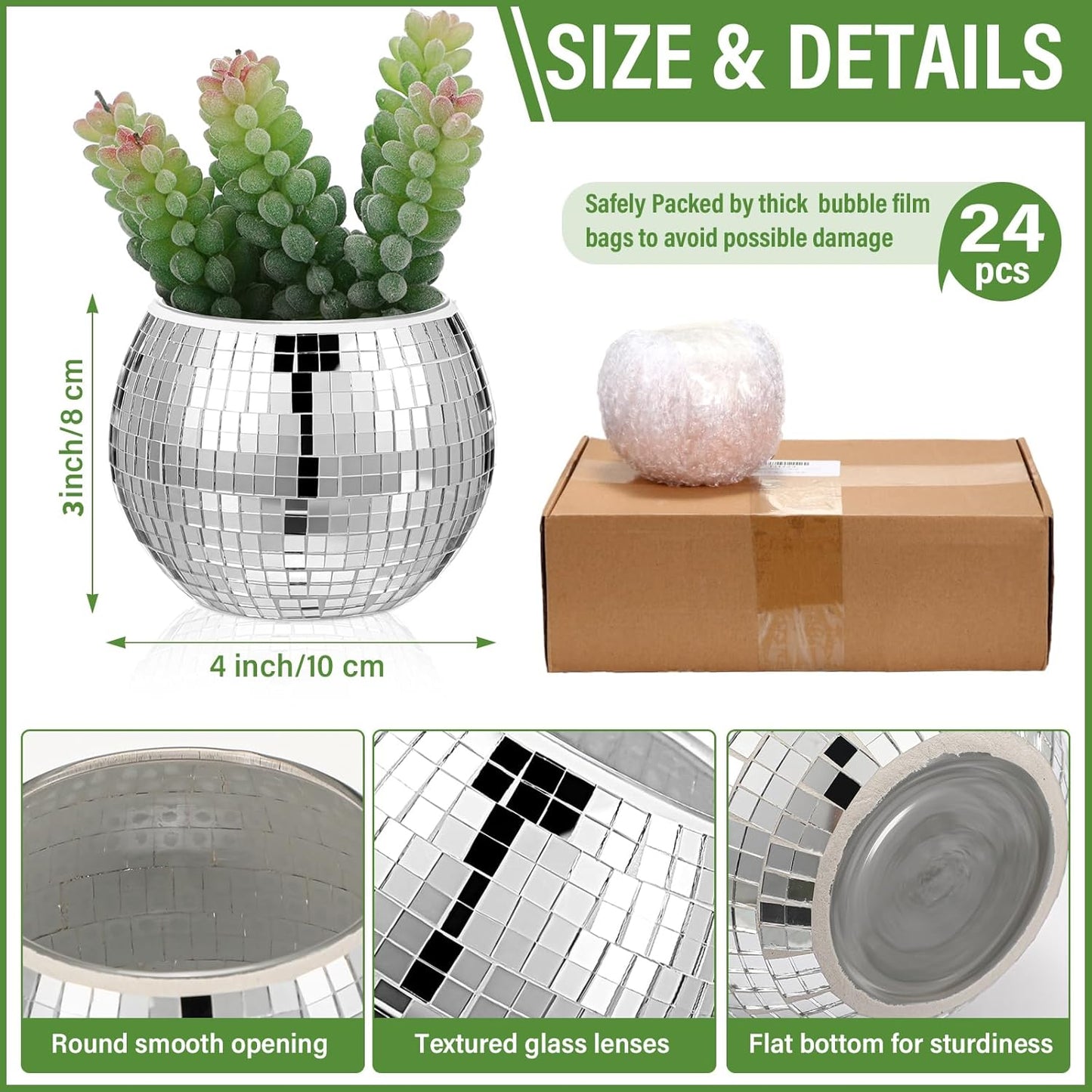 Jinei 24 Pcs Disco Vases Bulk Silver Mirror Disco Ball Flower Glass Ball Planter Candle Holder Glass Vase for Wedding Table Centerpieces Bedroom Office Birthday Decoration (3" X 4")