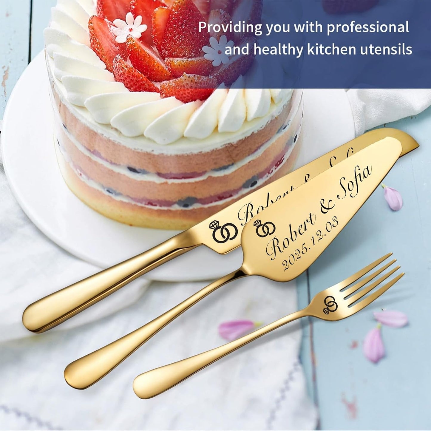 Personalized Wedding Cake Knife and Server Set, Custom Gold/Silver Cake Cutting Set for Wedding, 4 Pieces Set with Forks for Engagements, Anniversaries, Bride and Groom (Silver)