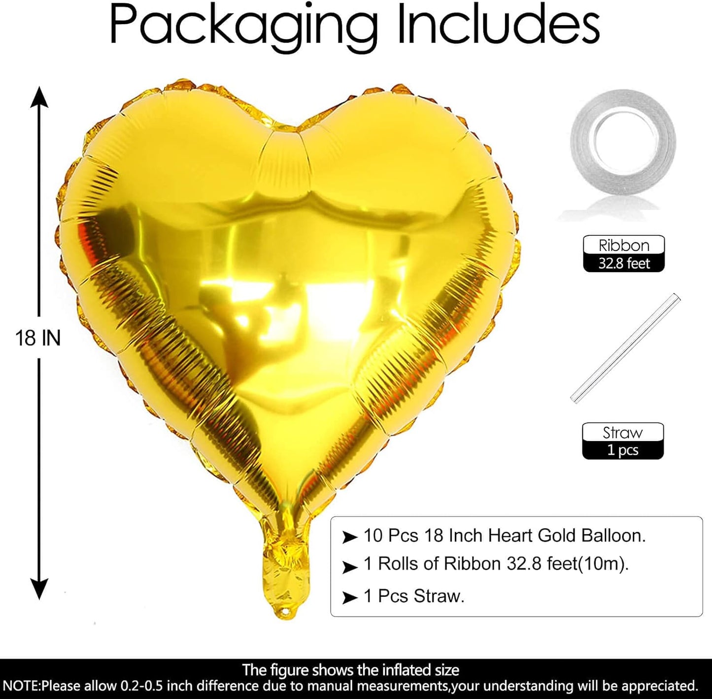 10Pcs Gold Foil Heart Shaped Balloons 18 Inch Mylar for Baby Shower, Wedding, Valentine Decorations - Love Party Decor