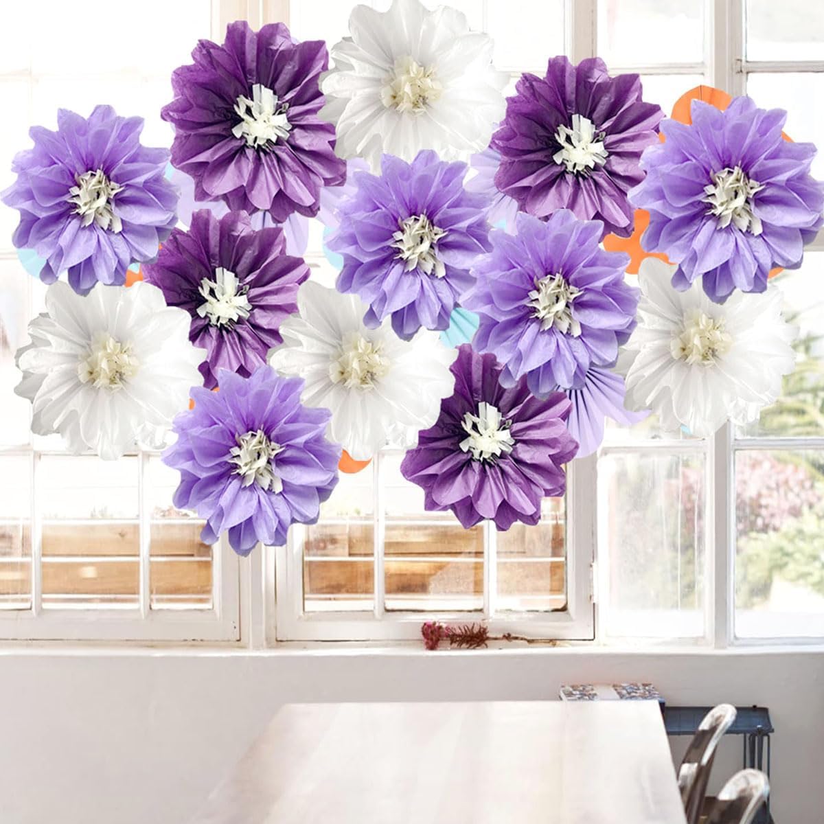 12pcs 8in & 10in Tissue Paper Flowers - Pom Poms, Hanging & Wall Backdrop - Purple Wedding & Party Decorations - DIY Art Craft Blooms for Birthdays & Baby Showers