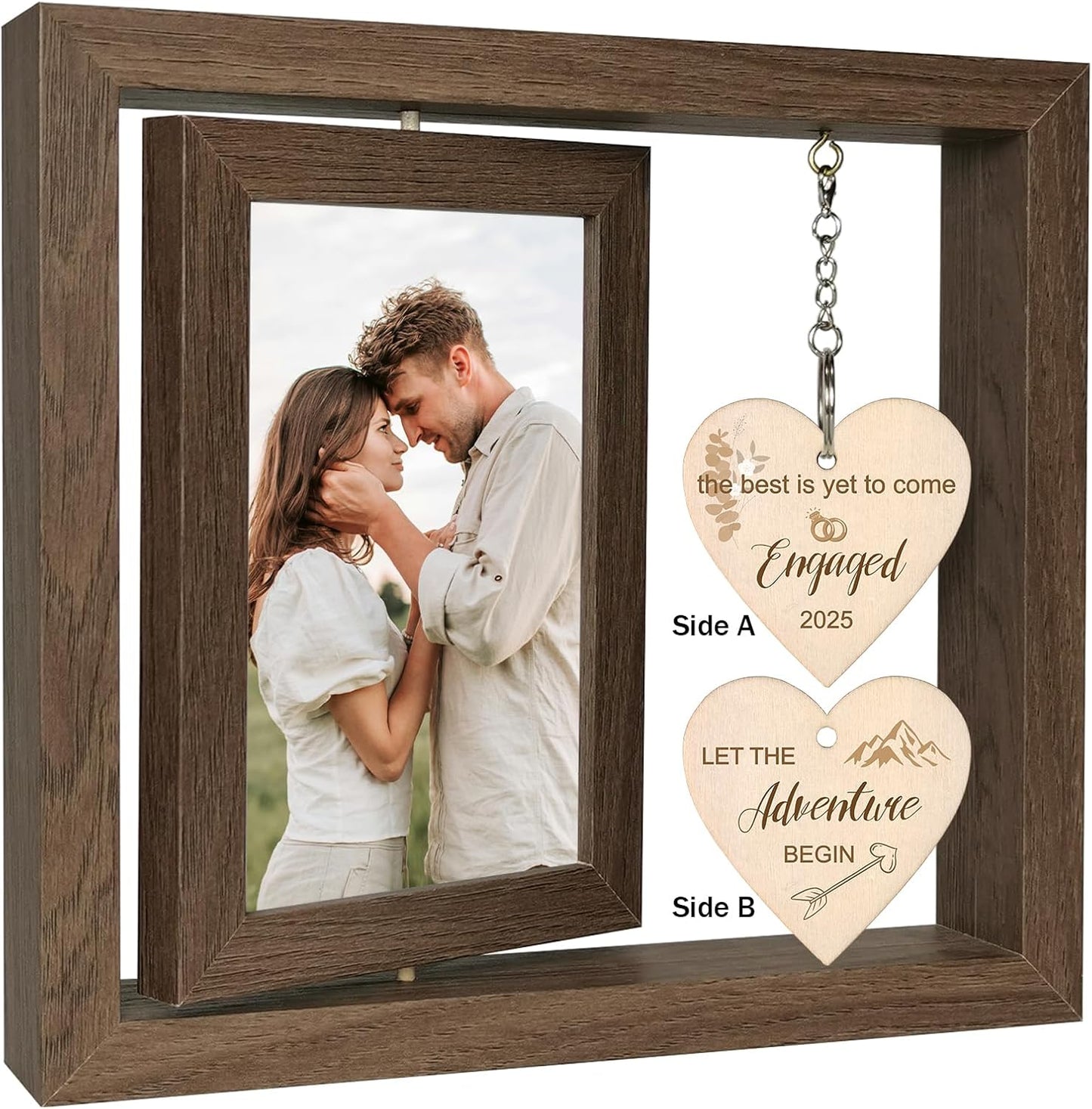 Rotating Engagement Picture Frame - Engagement Gifts for Couples, Holds Two 4x6 Photos, Real Glass Cover, Rustic Wooden Design with Heart Pendant, Gift-Ready Packaging