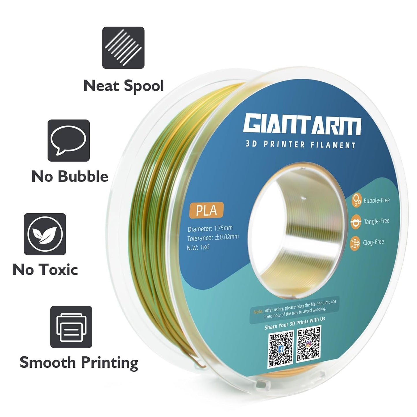 GIANTARM Dual Color PLA Filament, Silk PLA Filament 1.75mm +/-0.02mm,1KG Spool(2.2lbs) Vacuum Packaging, 3D Printing Filaments Fit Most FDM Printer
