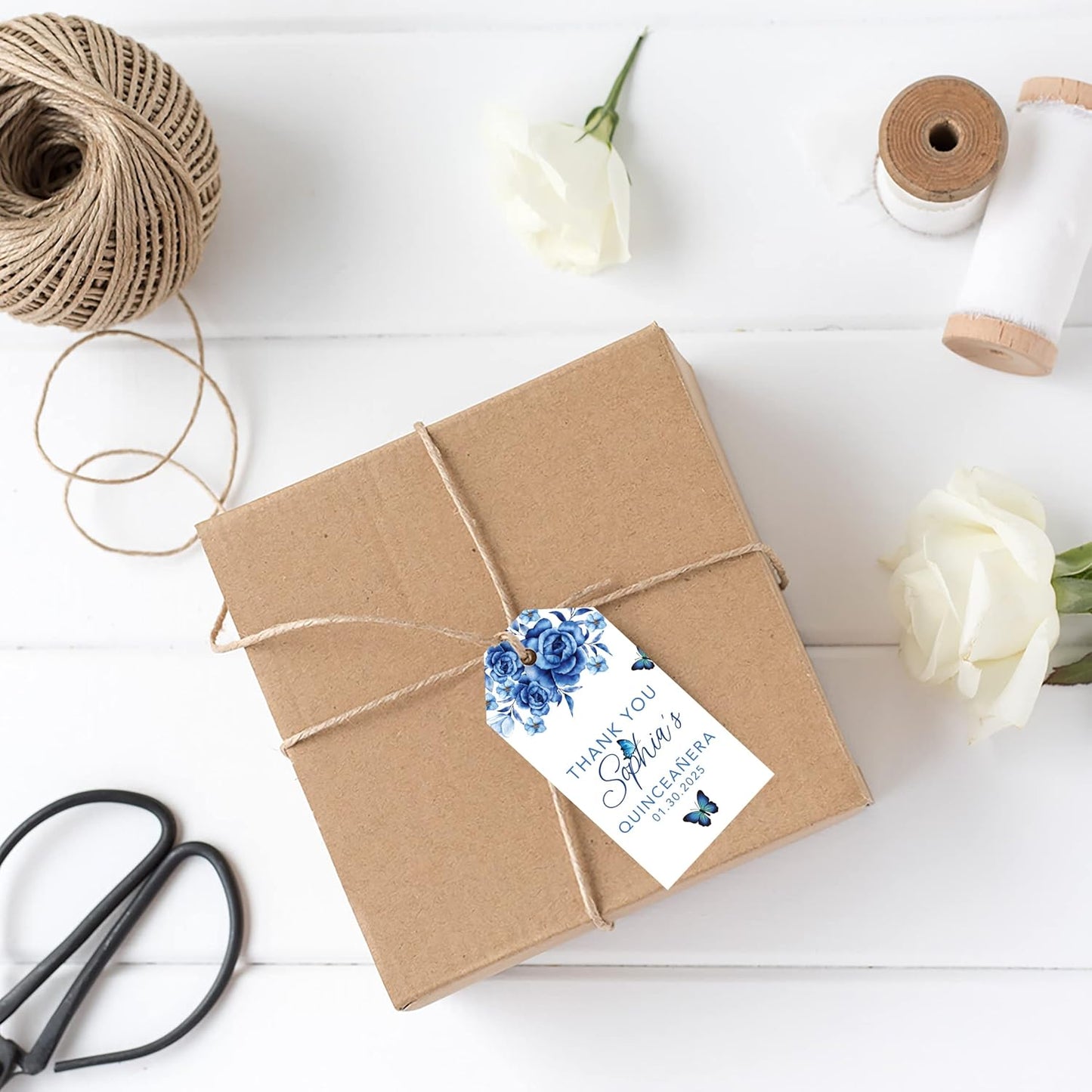Andaz Press 40-Pack Personalized Quinceañera Favor Tags with String, Blue Butterflies Custom Classic Thank You Gift Tags for Quince Años XV 15th Birthday Favor Gifts, Quinceanera Decorations