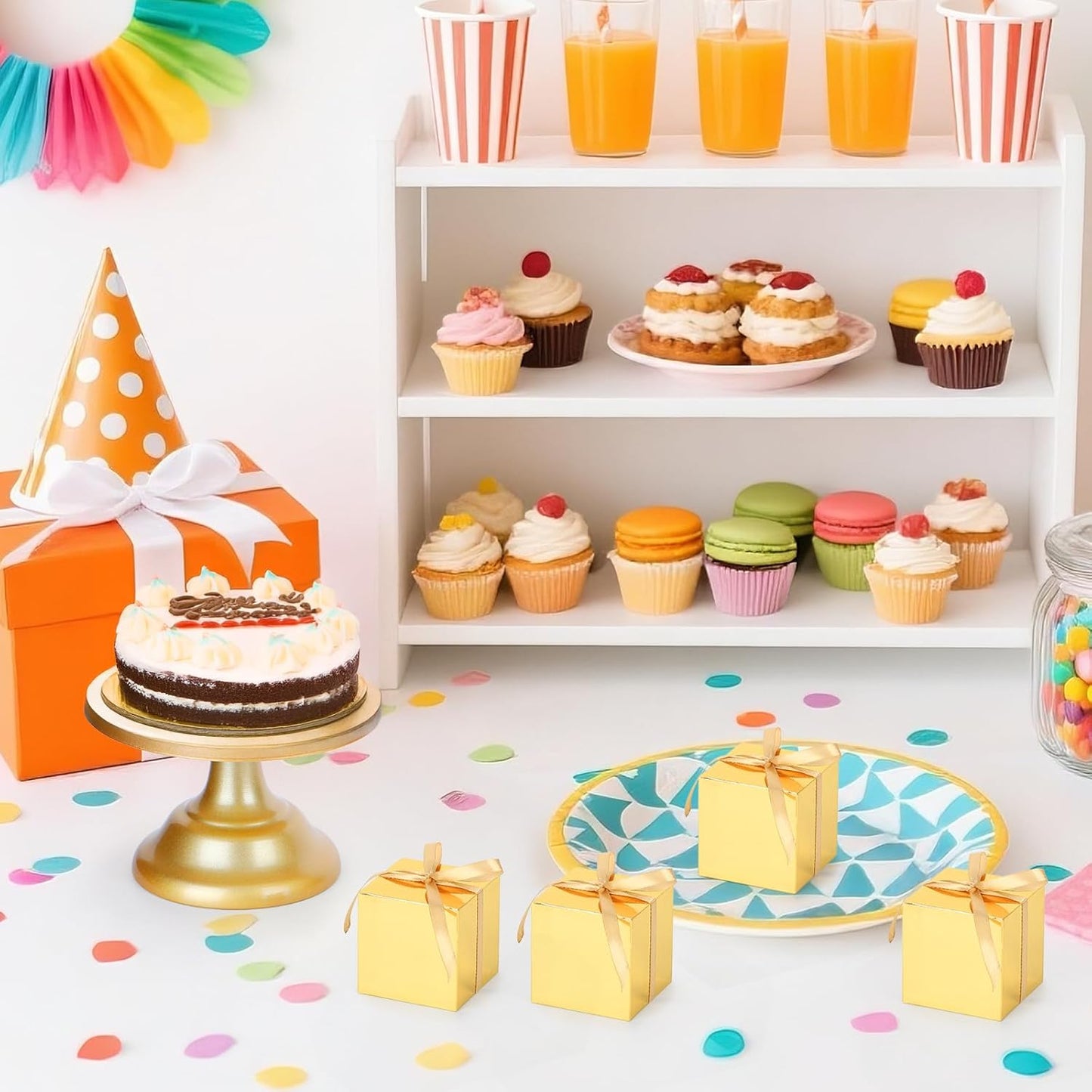 EUSOAR Candy Boxes Party Favors, 60pcs 3x3x3 Inches Gold Macaron Boxes Small Gift Box with Ribbon, Cube Thank You Gifts Box Macaron Mini Muffins Container for Wedding Bridal Party Favor Decorations