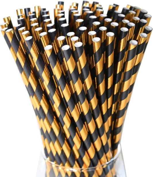 Disposable Paper Drinking Straws - Biodegradable Black Gold Striped Straws for Graduation, Birthday, Party, Bars, 7.75 inch