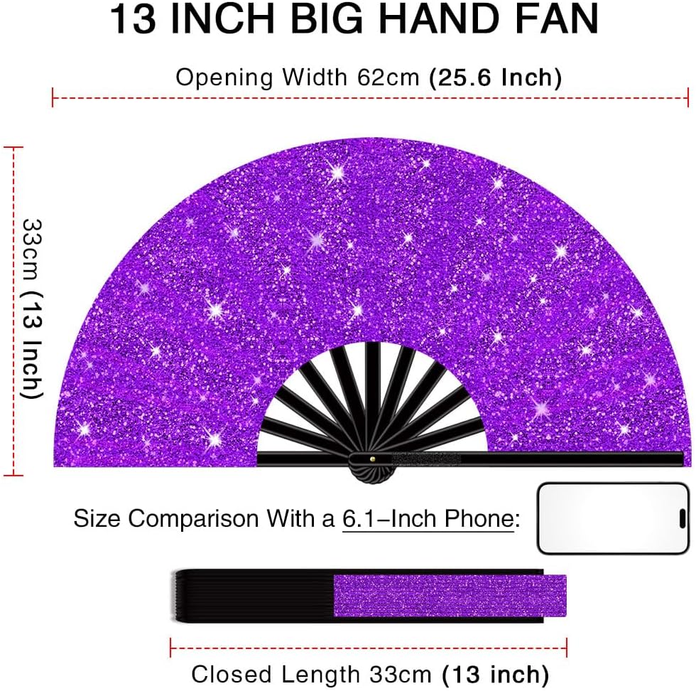 13" Large Folding Rave Fan with Holster, Clack Hand Fans Foldable for Line Dancing, Boots On The Ground Fan for Women Men Festival EDM Party Decoration, Glitter Purple