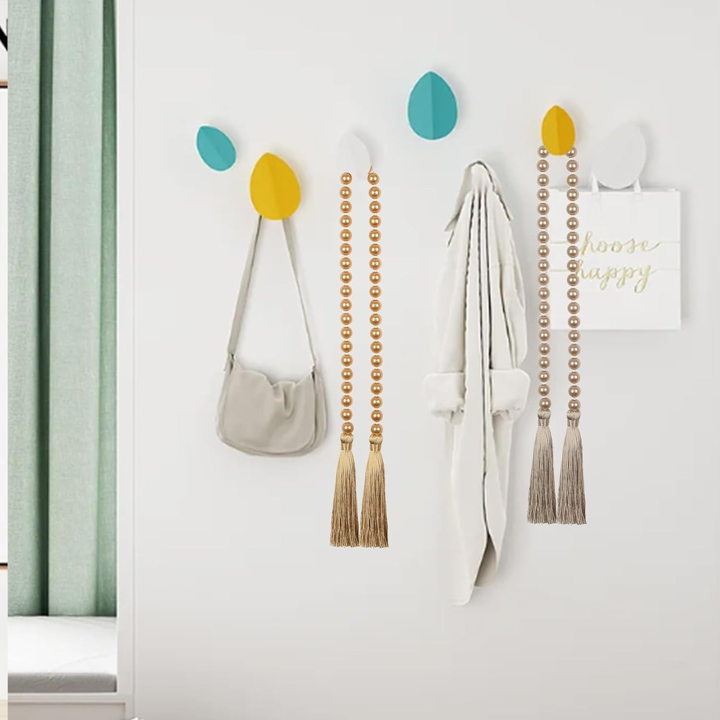 Fenghuangwu 34 Inch Pearl Glass Bead Garland with Tassels - Elegant Boho Table Decor, Fringe Wall Hanging for Wedding, Party, Farmhouse Rustic Prayer Bead Home Decoration(1 Pack,Gold)