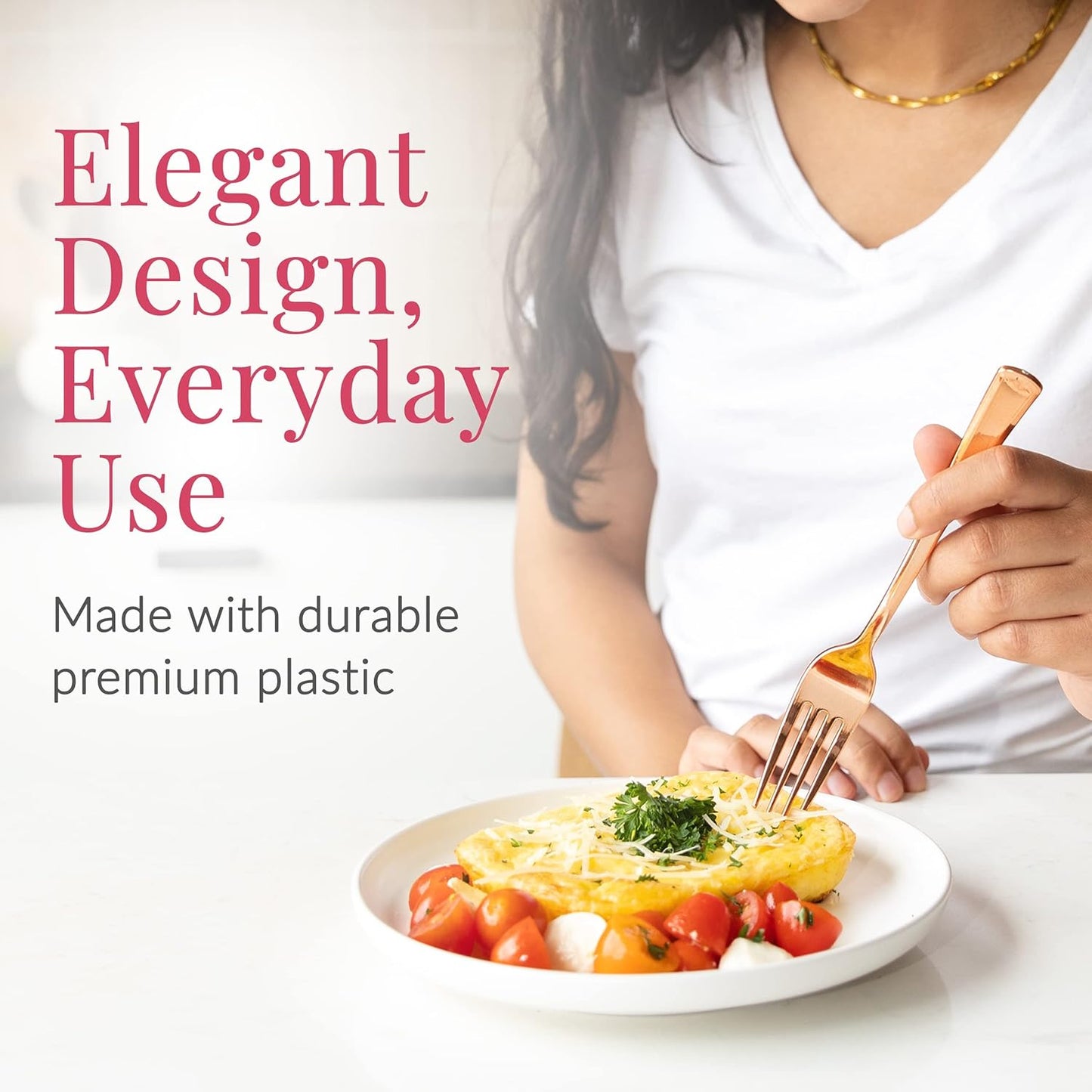 Prestee Set of 100 Rose Gold Plastic Forks Disposable - 7-in Heavy-Duty Fork Flatware - Bulk Pack Fancy Silverware - Sturdy Pink Cutlery for Weddings, Birthday Parties, Buffets, Catering and Events