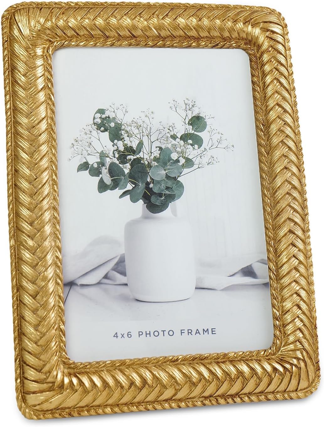 Cuspin 4x6 Gold Picture Frame, Ornate Decorative Rattan Resin Photo Frame, Gold Frames Braided Design for Tabletop Display or Wall Hanging, Elegant Home Decor