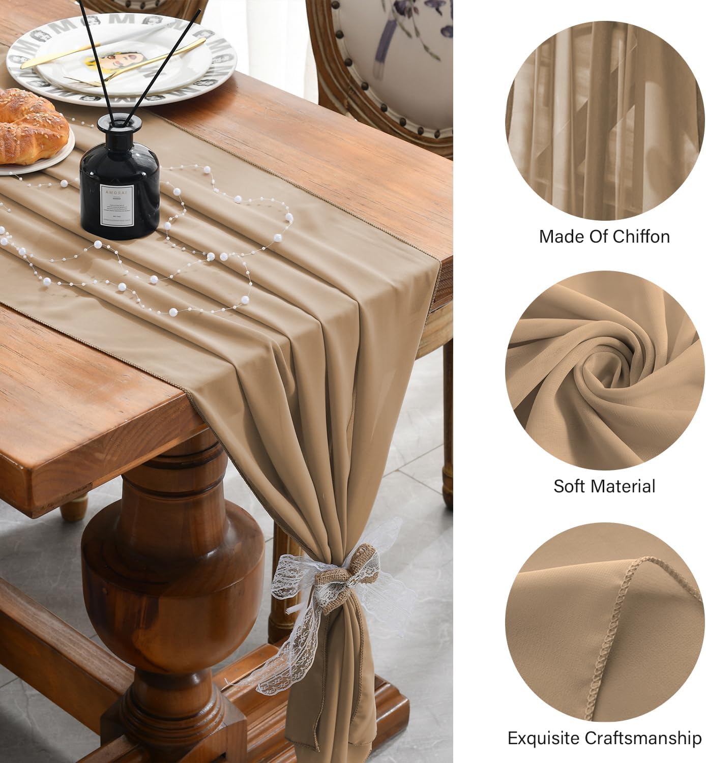 2 Pack 10 Ft Chiffon Table Runner Beige Gauze Long Table Runners 27x120 Inches Sheer Tulle Table Runner for Rustic Wedding Reception Bridal Shower Decorations Birthday Party