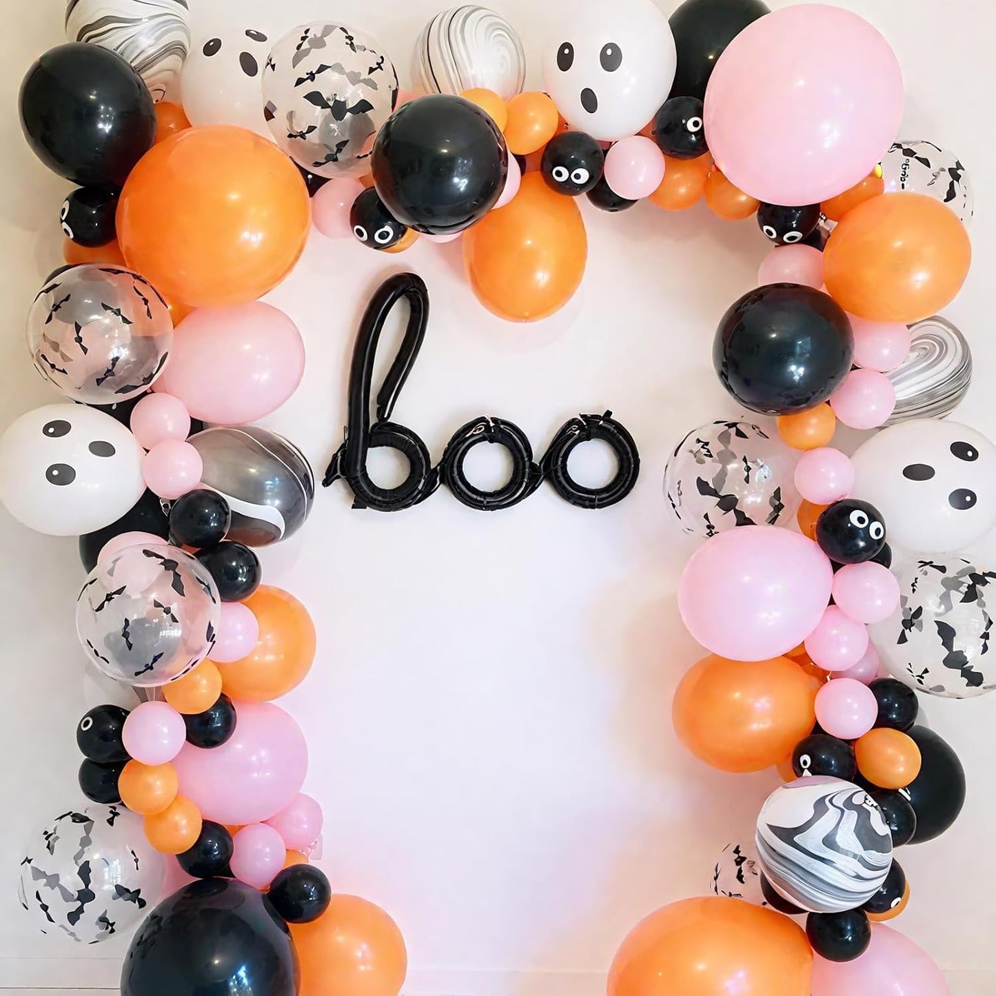 Pink Black Halloween Balloons Set, 50 Pcs White Spider Print Balloons, 12 Inch Pastel Pink Black and Orange Balloon Bat Confetti Balloon for Halloween Girls Night Decorations