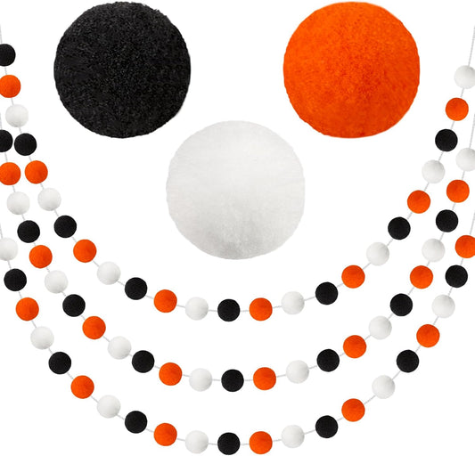 3 Pack Pom Pom Garland Colorful Felt Ball Garland Decorations, 6.5 Feet Long with 30 Balls Banner Hanging Supplies for Halloween, Parties (Orange, black &White)