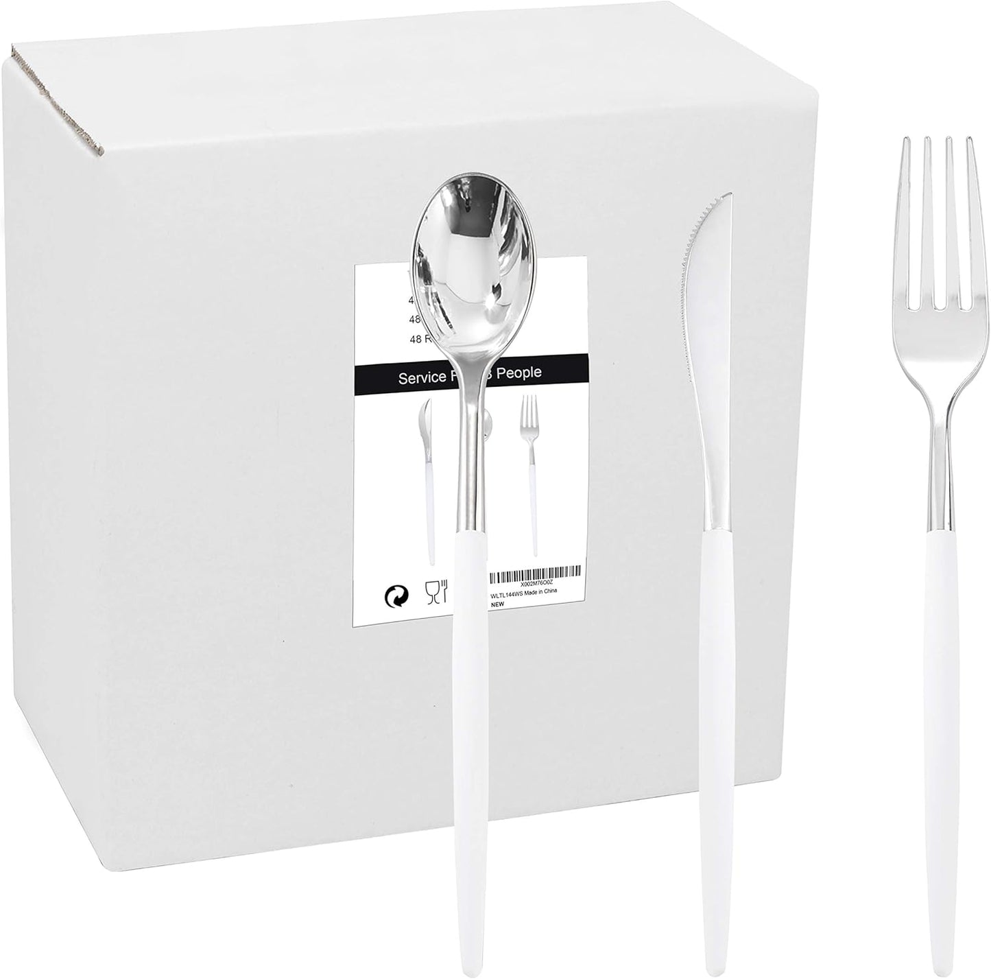 WELLIFE 144 Pack Silver Plastic Cutlery, Disposable Silver Flatware Includes： 48 Forks, 48 Knives and 48 Spoons, Suitable for Parties and Wedding for Wedding