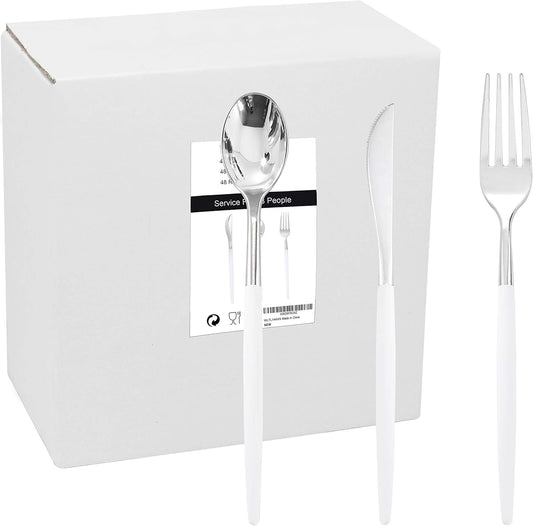 WELLIFE 144 Pack Silver Plastic Cutlery, Disposable Silver Flatware Includes： 48 Forks, 48 Knives and 48 Spoons, Suitable for Parties and Wedding for Wedding