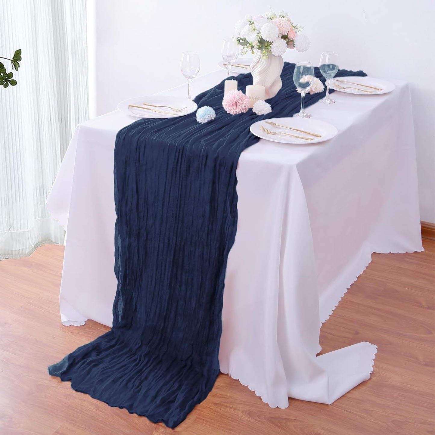 Boho Gauze 16PCS Navy Blue Cheesecloth Table Runners - 35x120Inch Long Rustic Sheer Table Decor for Wedding, Party, Baby, Bridal Shower