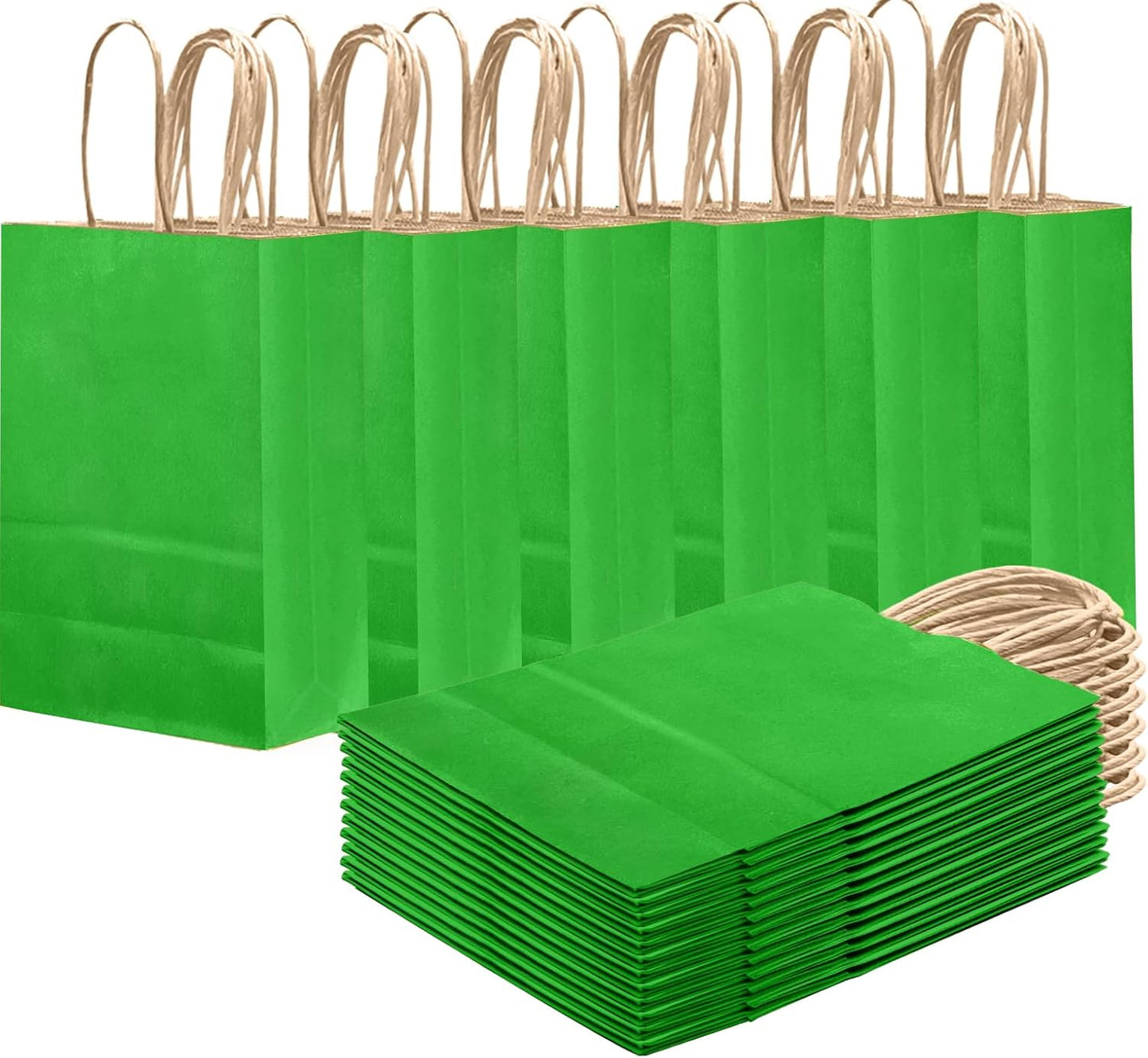 qiqee Bamboo Green Gift Bag with Handles Bulk 24Pcs Paper Bags -8.3"x6"x3. 15" Party Favor Bags - Solid Color