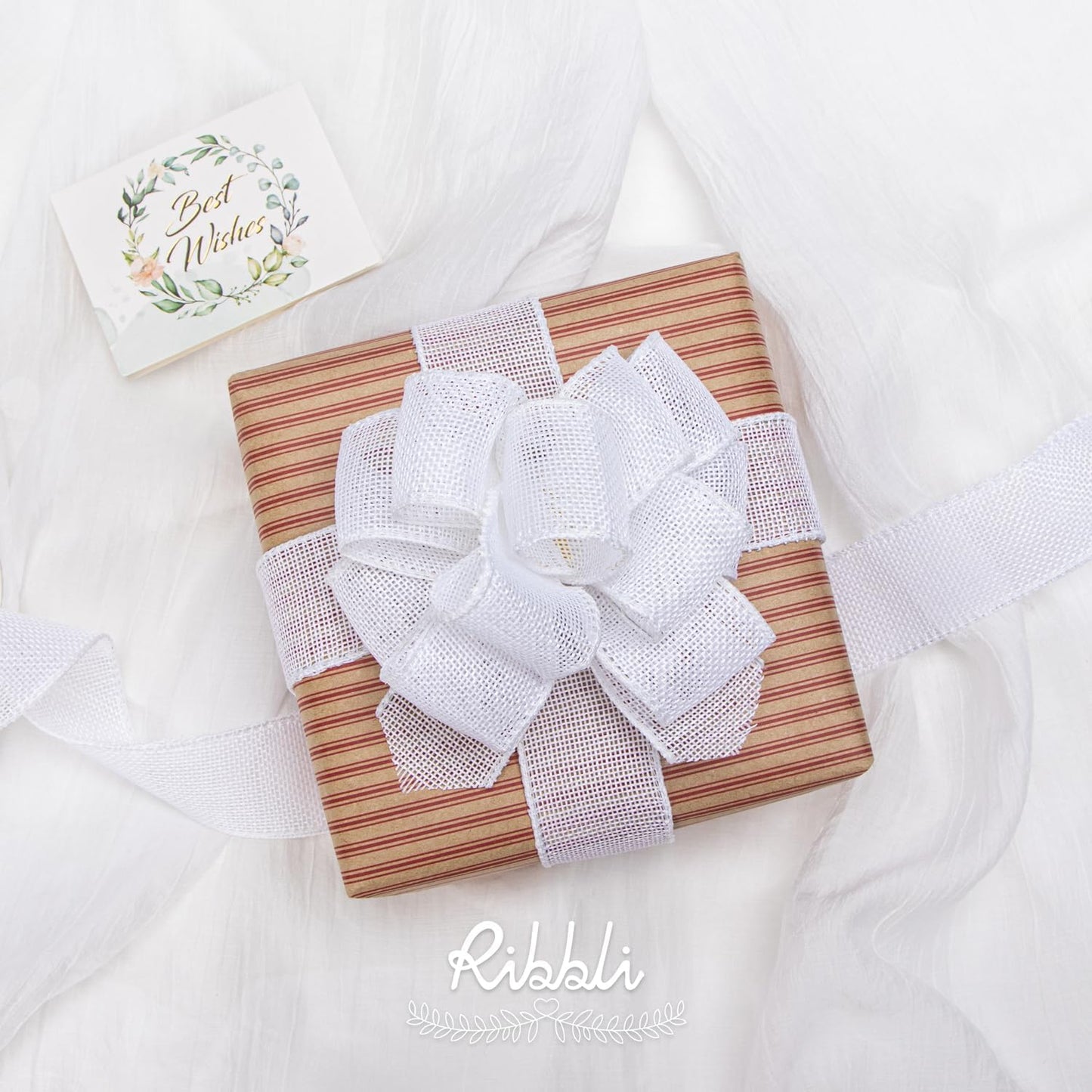 Ribbli White Burlap Wired Ribbon,1-1/2 Inch x 10 Yard,Cross Royal Burlap Wired Edge Ribbon for Big Bow,Wreath,Tree Decoration,Outdoor Decoration